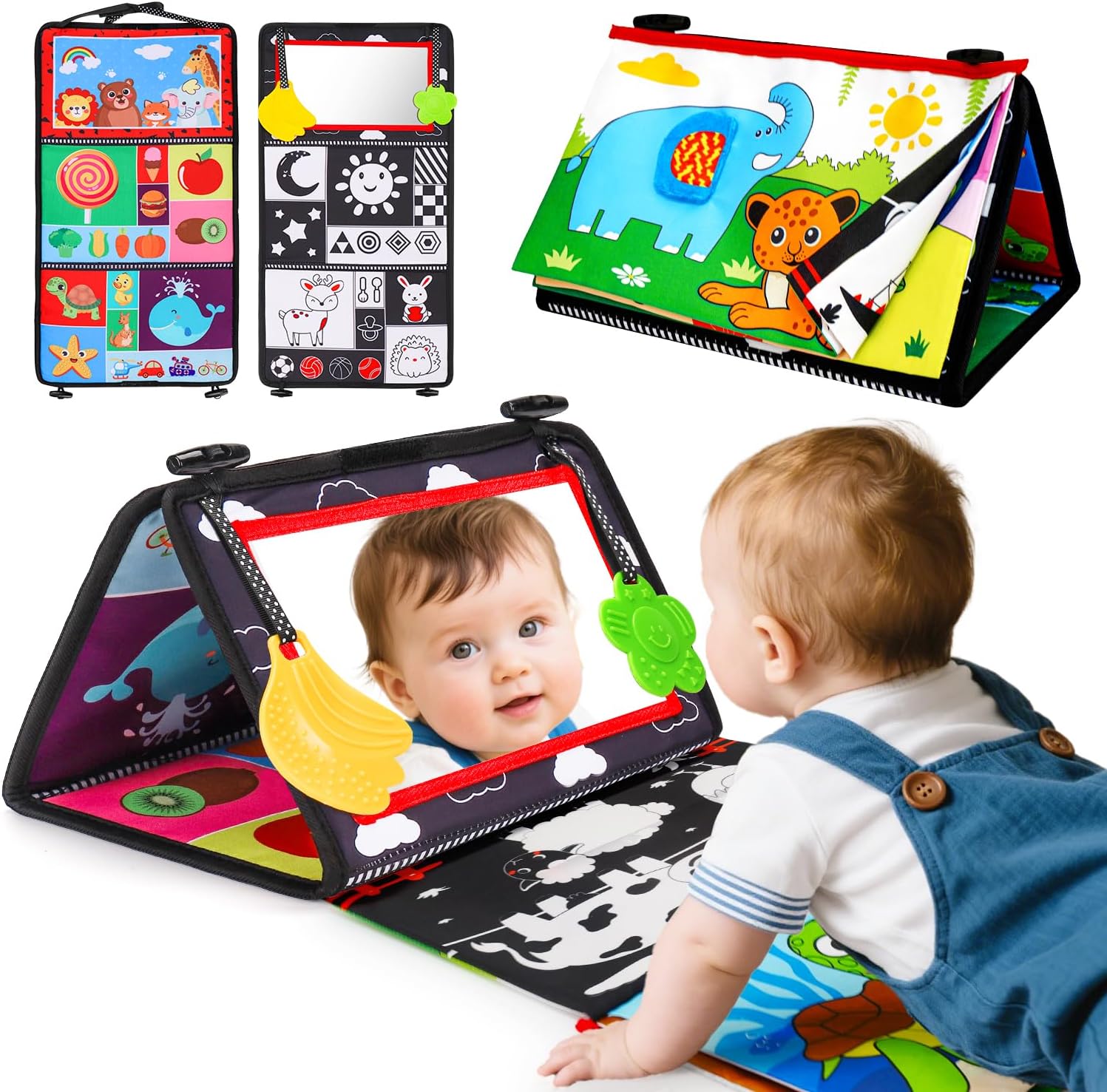 Basytodio Baby Mirror Tummy Time Toys 0-6 Months with Crinkle Cloth Books Infant High Contrast Newborn Sensory Black and White Toy for 0-3 4 5 6 Months Must Haves Babies 3-6 6-12 Month Boy Girl
