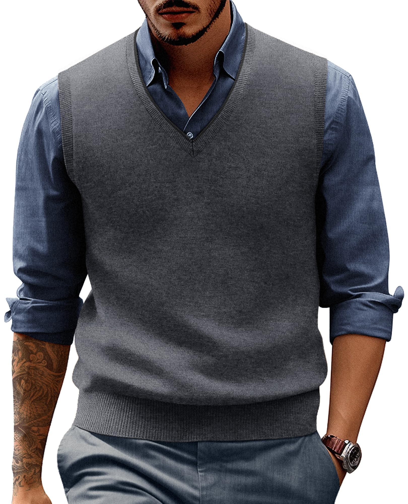 PaulJones Chaleco sin mangas con cuello en V para hombre, ajuste delgado, ropa de punto, suéter de punto, cárdigans, camisetas sin mangas