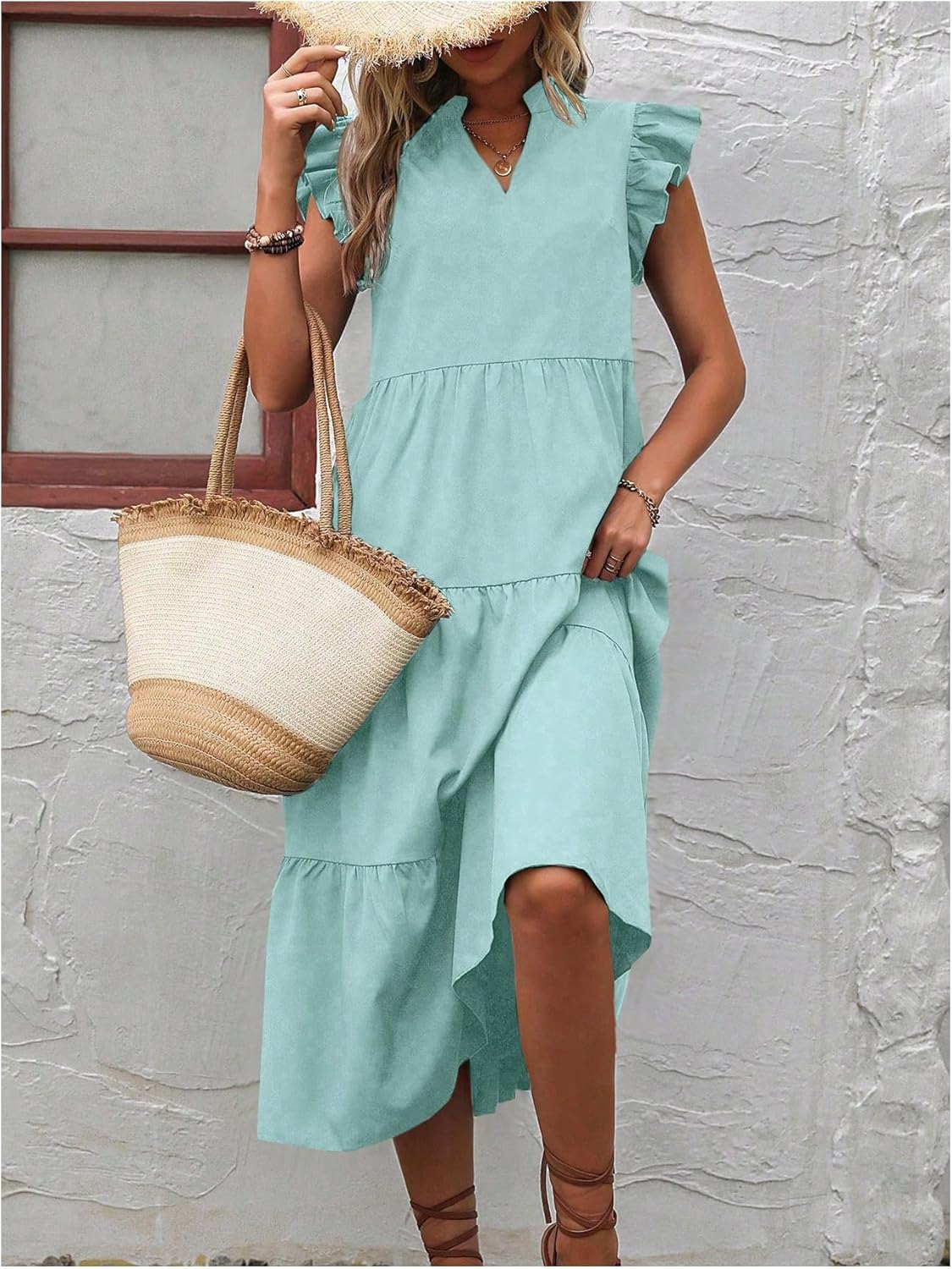 SOLY HUX Women's Ruffle Midi Dress V Neck Cap Sleeve A Line Flowy Sundress Beach Vacation Dresses - Image 5