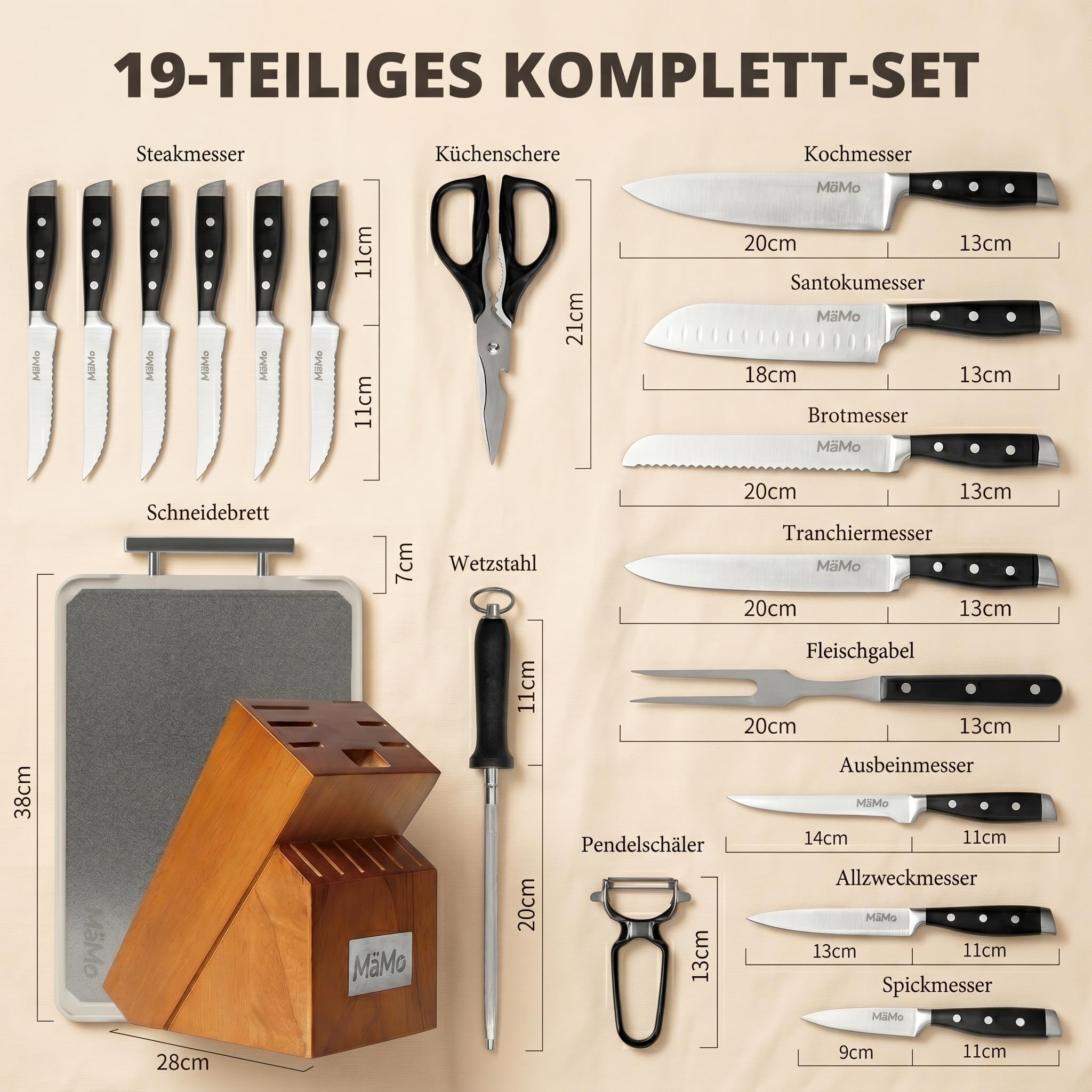 Set di 19 coltelli con ceppo e tagliere in titanio, set di coltelli da cucina professionali in acciaio inox con coltello da cuoco, coltello Santoku, 6 coltelli da bistecca, acciaio affilato, forbici