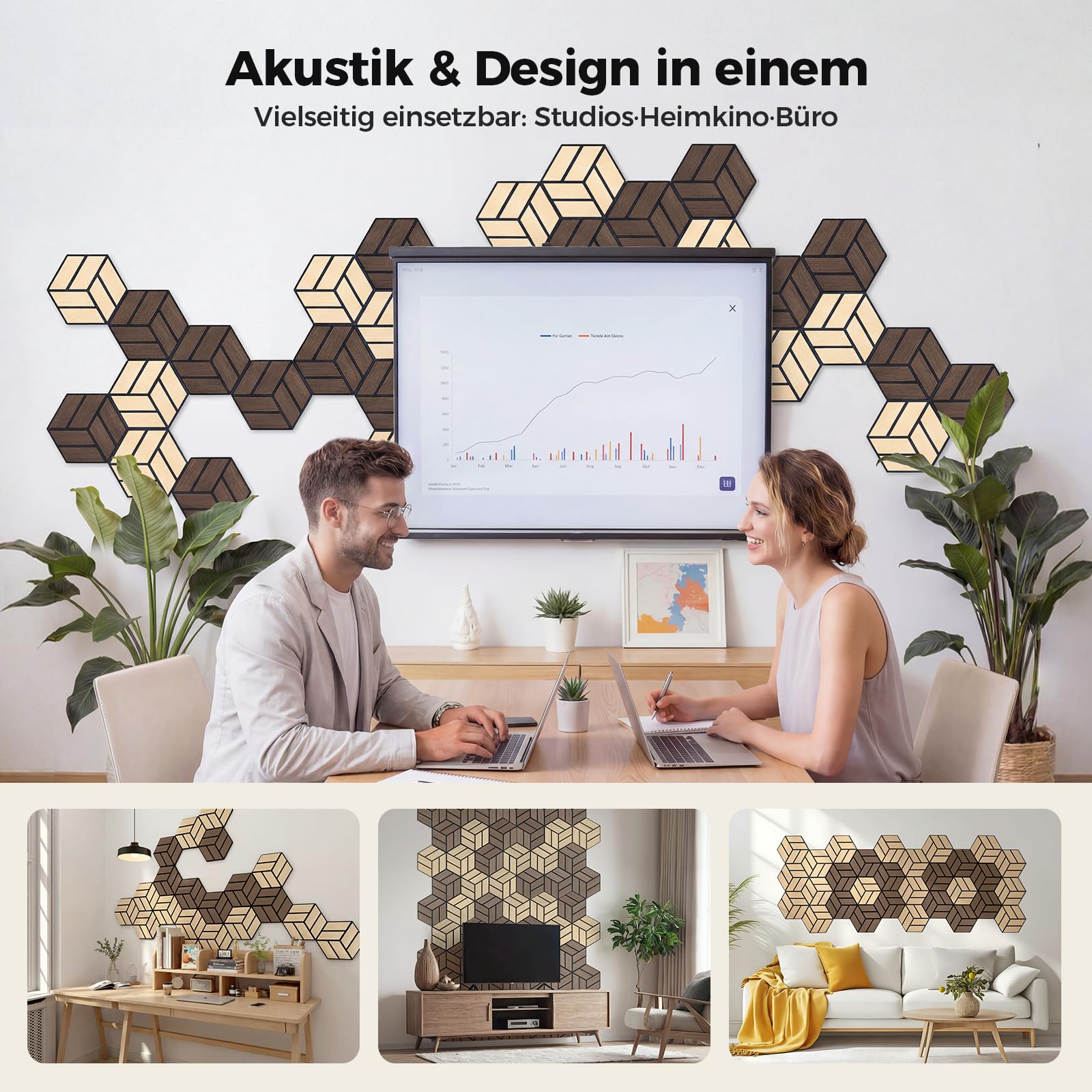 12 Stück Hexagon Akustikplatten Selbstklebend, 30 x 26 x 0,9 cm Hohe Dichte schallabsorber wand, Schallschutzplatten für Studio, Büro, Akustische Behandlung und Gaming deko, Walnuss