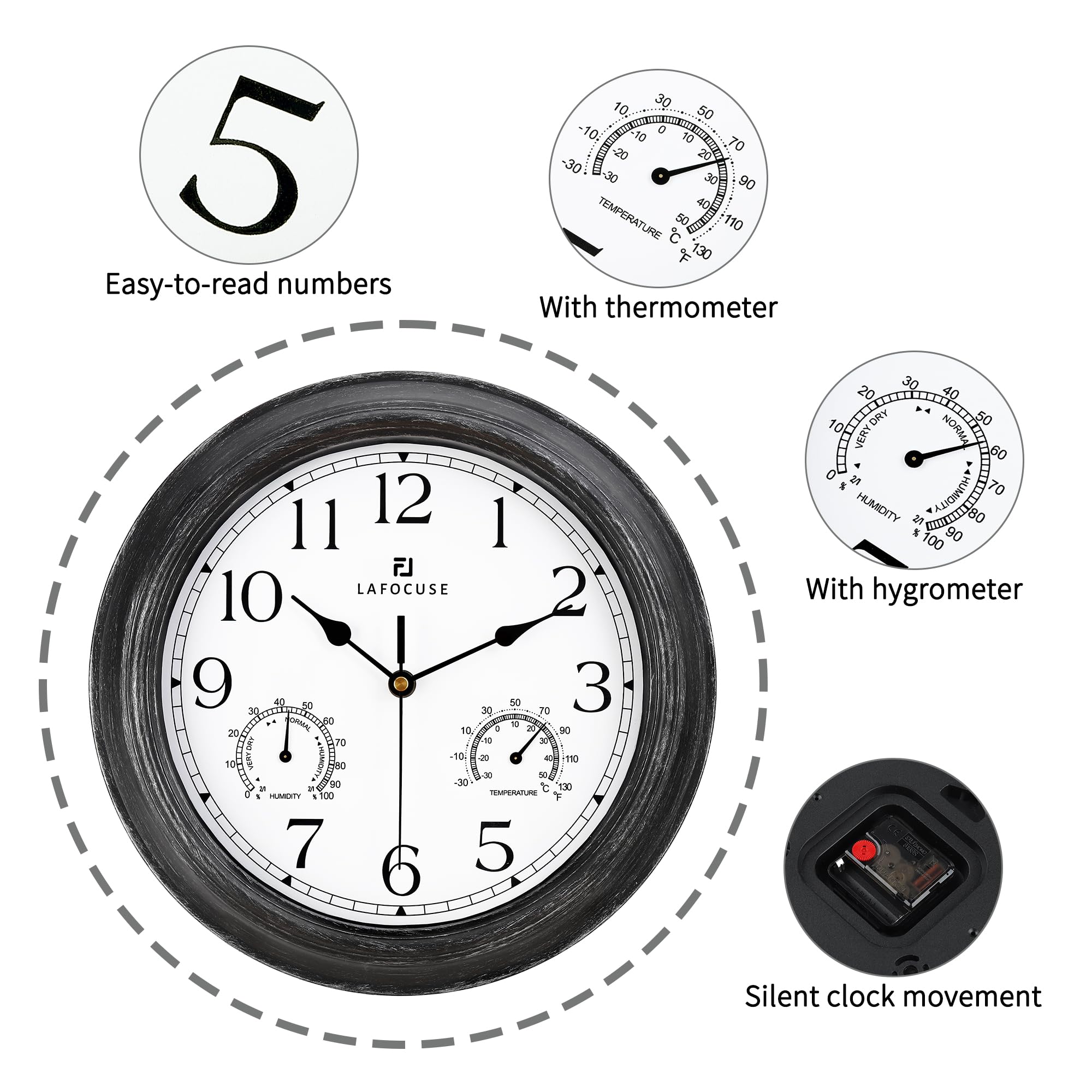Lafocuse Horloge Murale Exterieure Etanche 30cm avec Thermomètre et Hygromètre Vintage Noir