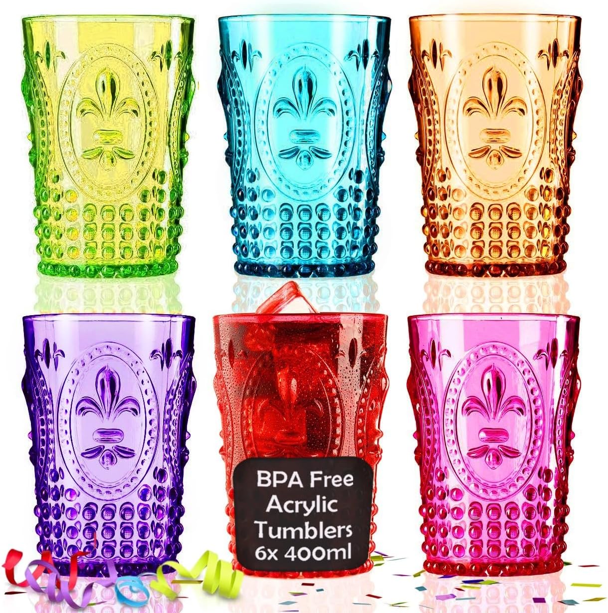 Muldale Plastic Tumblers for Adults - BPA Free 400ml Acrylic Highball Drinking Glasses Set of 6 - Multi Coloured Reusable Summer Picnic Wine Glasses