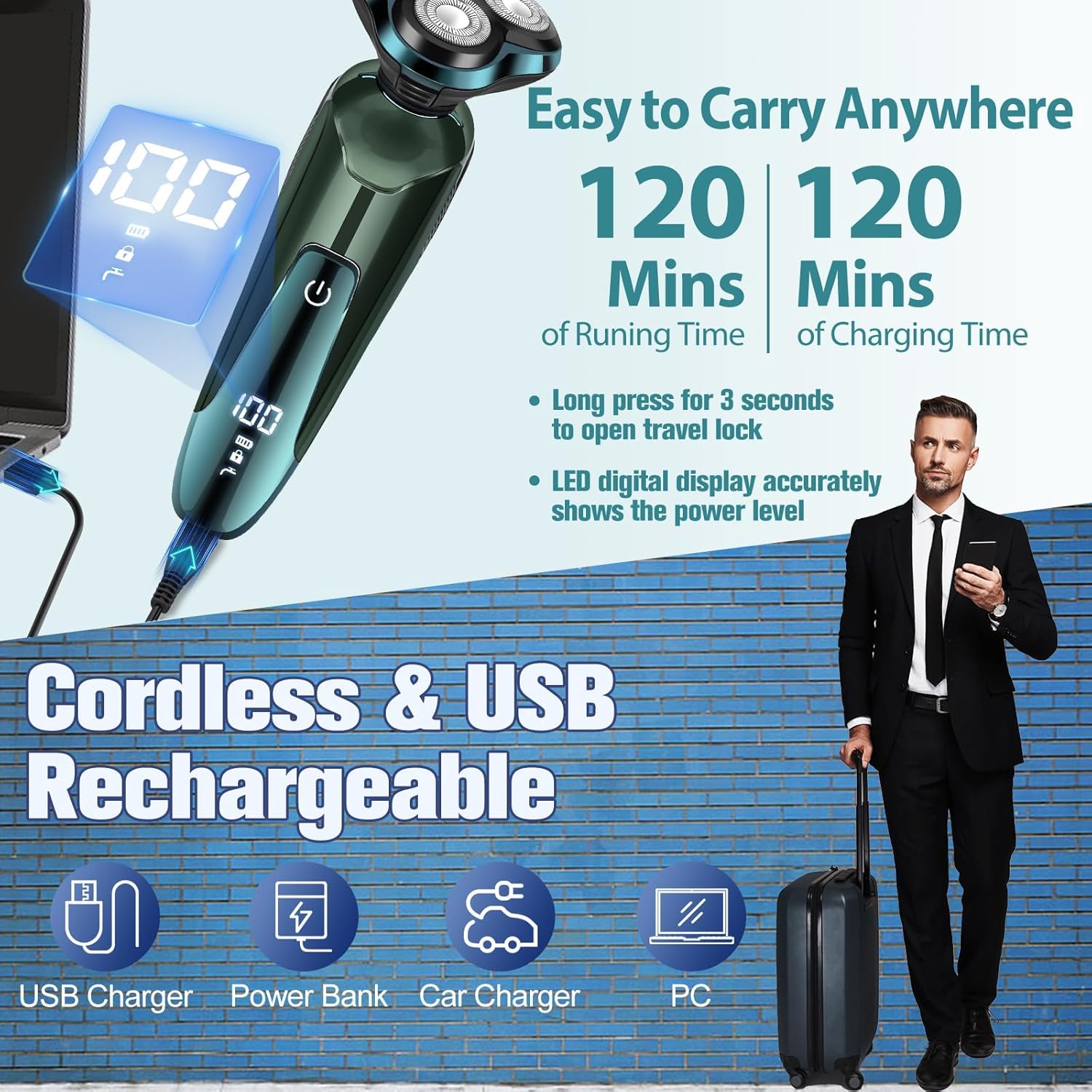 Electric Razor for Men,Mens Razors for Shaving face,LED Display Rechargeable Blades Electric Shavers for Men Floating Head Replaceable Blades, IPX7 Waterproof