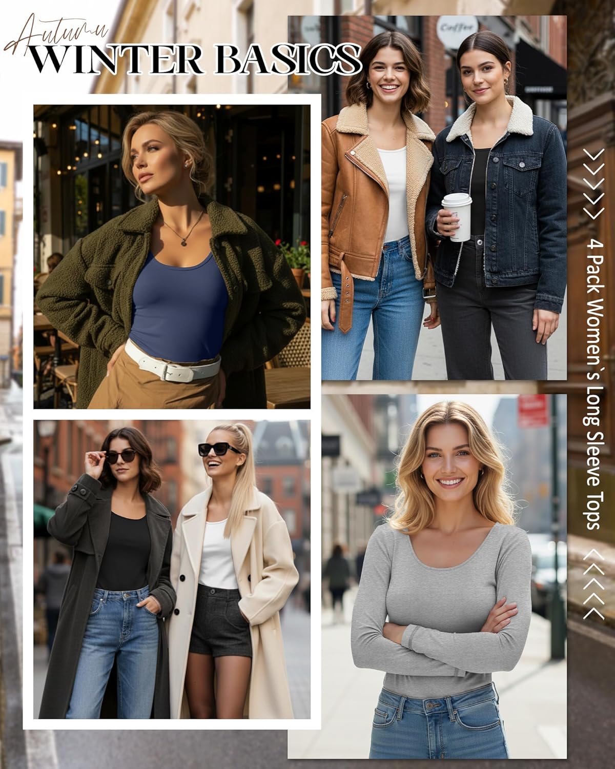 4 Pack Women's Long Sleeve Crop Tops, Tight Going Out Tees Scoop Neck Solid Slim Shirts Fall Basic Y2k Tees - Image 3