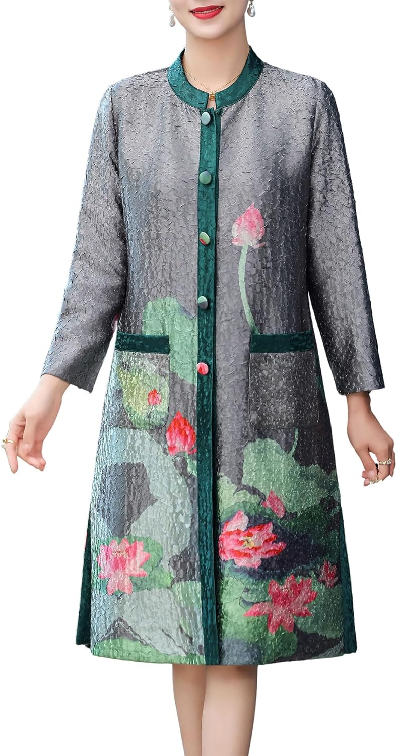 Women’s Lotus Print Two Pockets Fabric Covered Snap Buttons Reversible Crinkled Trench Coat