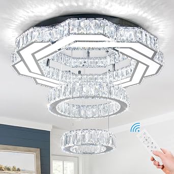 22.5" Modern 2-Ring Crystal Pendant Chandelier Ceiling Light Dimmable
