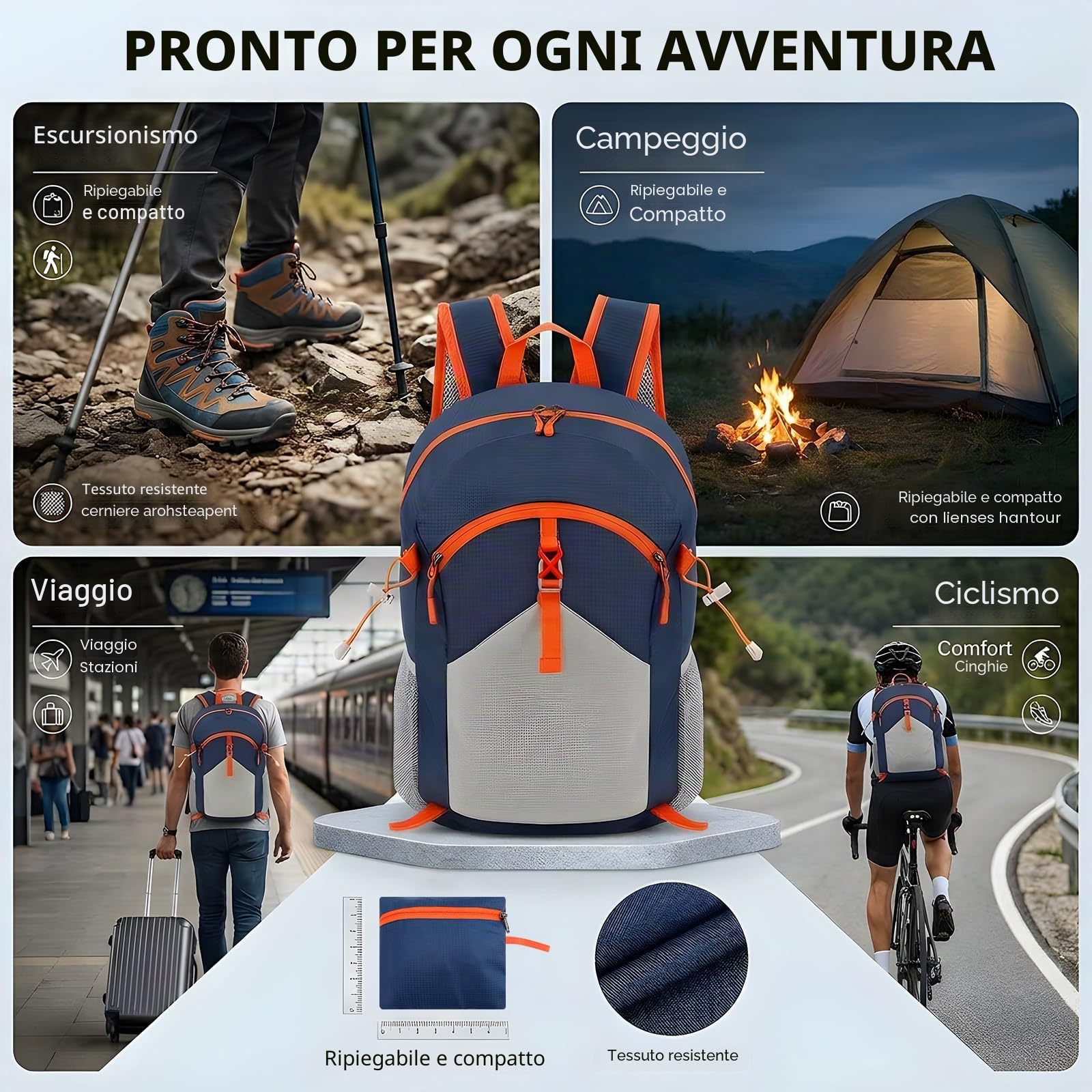 Cozary Zaino Pieghevole Ultraleggero 28L, Zaino da Trekking Uomo Donna, Leggero e Impermeabile, ideale per Viaggio, Trekking, MTB, Camping e Uso Quotidiano - Blu scuro