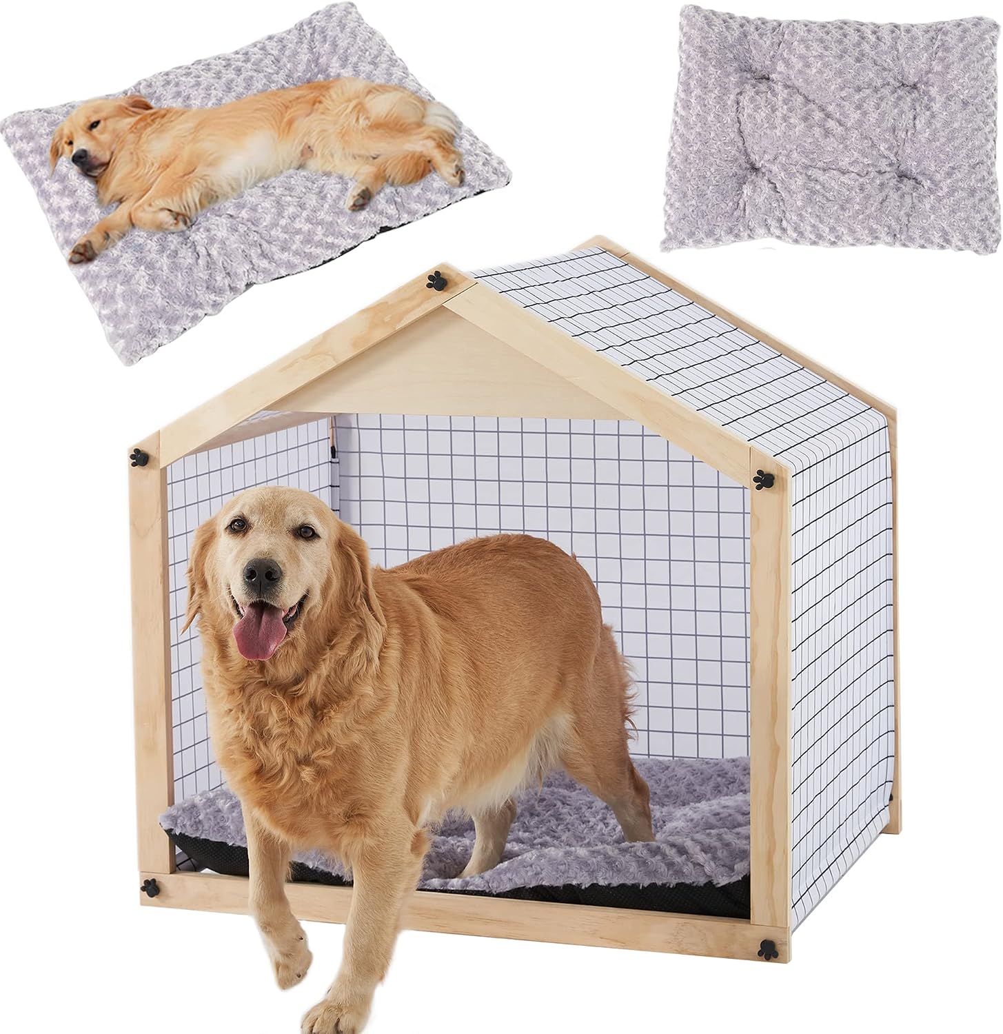 Megidok Dog House with Dog Bed Pad, Pet Teepee with Rose Velvet Cushion, Solid Wood Dog House Indoor, Oxford Canvas Dog Kennel for…