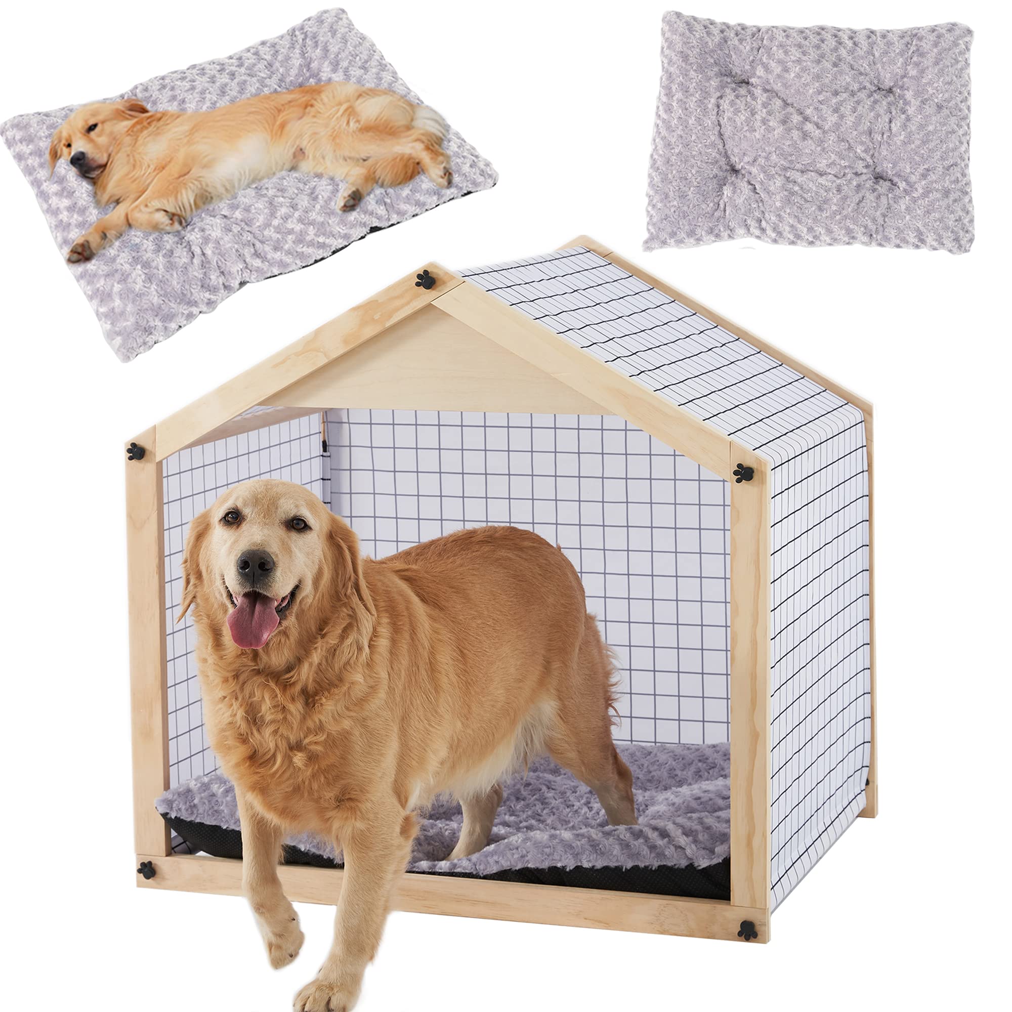 Megidok Dog House with Dog Bed Pad, Pet Teepee with Rose Velvet Cushion