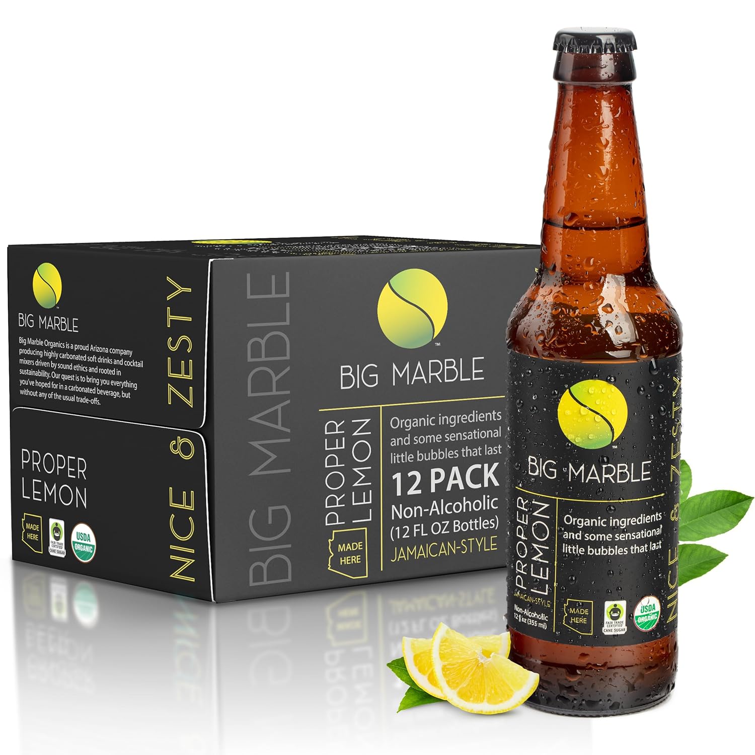 Big Marble Organic Proper Lemon, Premium Non-Alcoholic, Low Sugar, Zesty Citrus, Fair Trade Certified, Real Lemon, No Artificial Sweeteners/Colors, for Cocktails & Mocktails - 12 Pack, 355ml (12 Fl Oz) Bottles