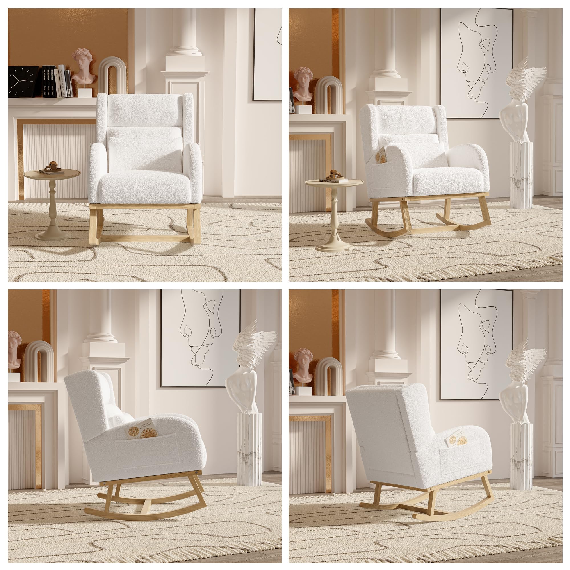 Rocking Chair,Living Room Rocking Chair Interieur,Chaise à Bascule avec Coussin Lombaire, Fauteuil a Bascule Allaitement en Velours Teddy avec Pieds en Bois Massif, Blanc