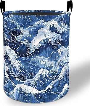 Ocean Wave Laundry Basket Hamper 19.7"x15.8", Japanese Wave Foldable Waterproof Oxford Clothes Storage Bucket for Room Bathroom Bedroom Nursery Decor, Toy Organizer Bins Gifts for Kids Boys Girls