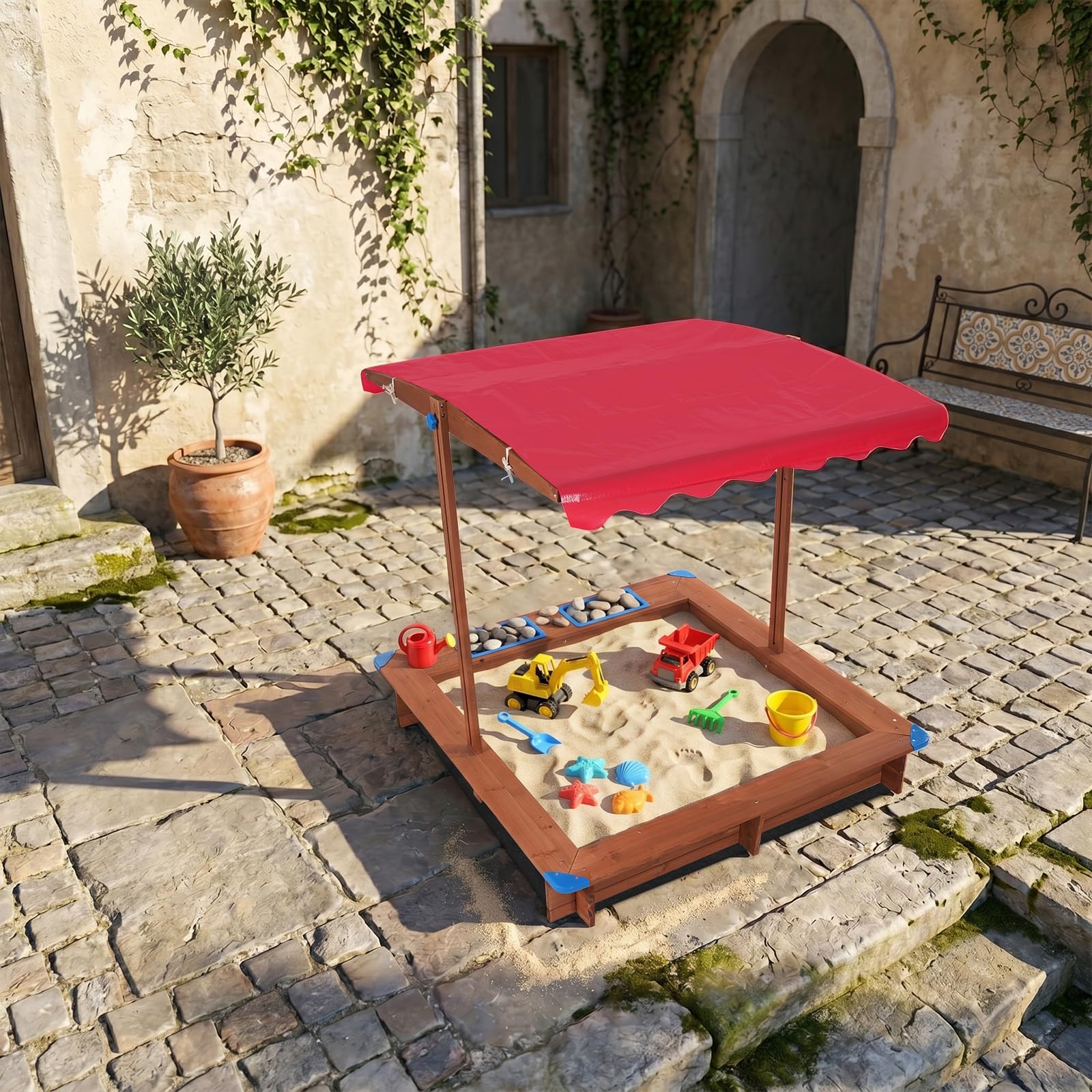 Sandkasten aus Massivholz,Tragfähigkeit Etwa 100kg,3-14 Jahre alt,Rot | Holzsandkasten Mit Abdeckung,126*121*118cm,für Hinterhöfe, Gärten, Terrassen, Strände oder Spielplätze im Freien