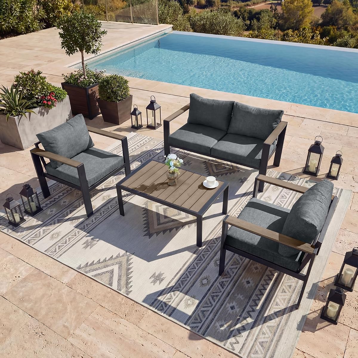 Outdoor Patio Furniture Set 4 Seats Luxury Aluminum Patio Conversation Set with Coffee Table, Washable Thick Cushions, Large Sectional Sofa for Porch, Balcony, Deck, Yard, Gray