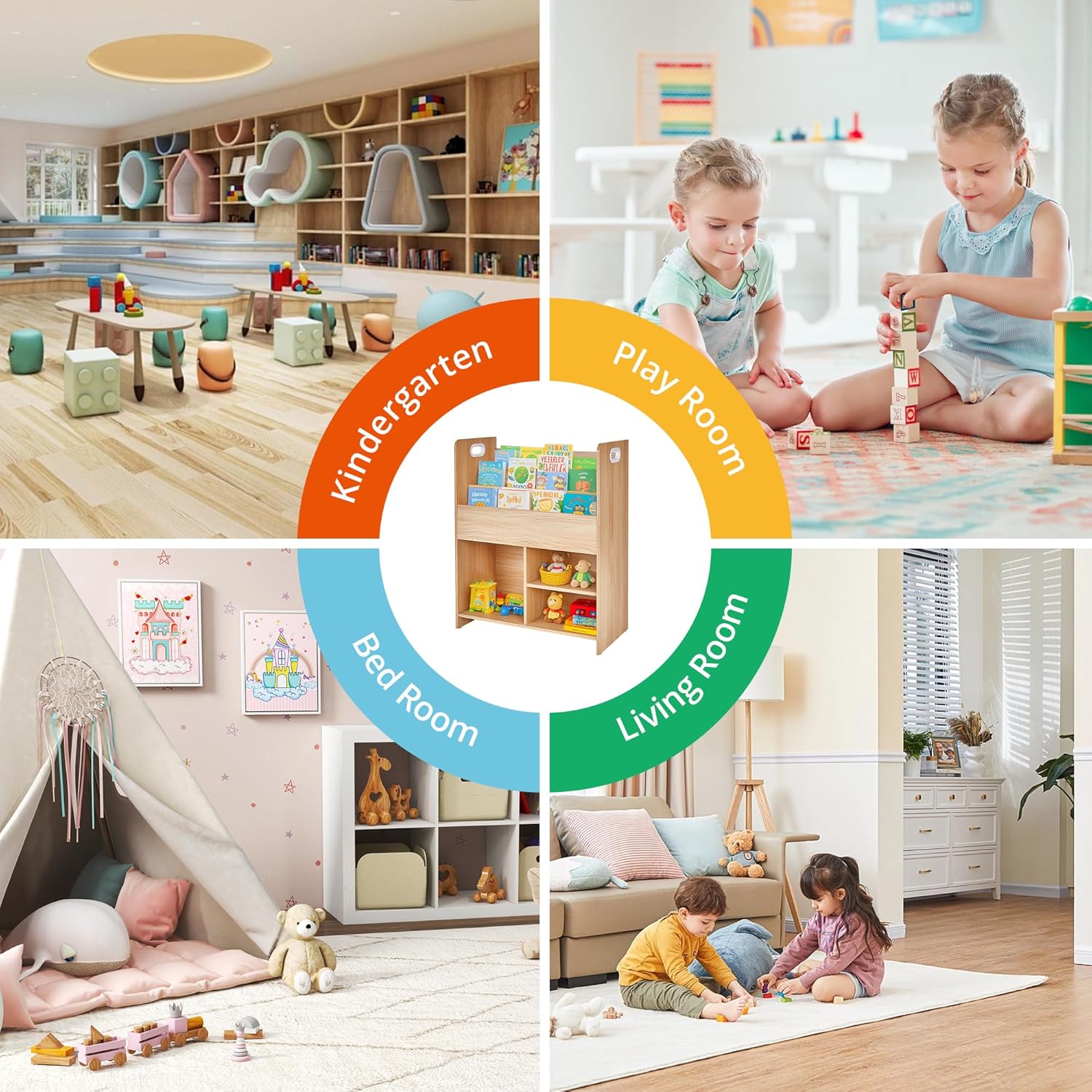 VECELO Wooden Children’s Bookshelf - Kids Book Organizer with 3-Tier Display and 2-Tier Storage Compartments, Easy-to-Access Toddler Bookcase for Playroom, Bedroom, or Nursery - Teak - Image 14