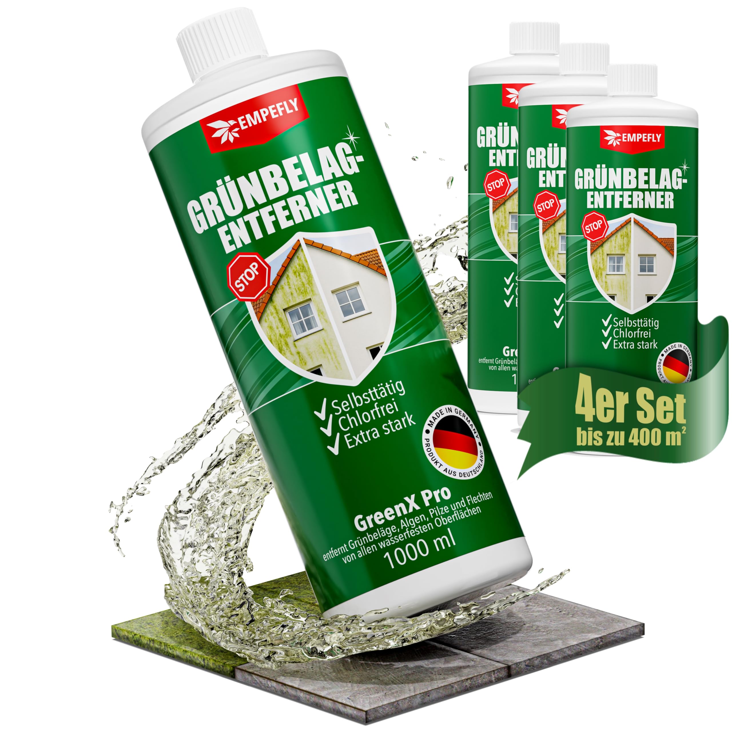 GreenX Pro Grünbelagentferner Konzentrat 4er Pack (4 × 1 L)– selbsttätig gegen Algen, Pilze, Steinreiniger, für Terrasse, Fassade, Dachziegel, Pflastersteine, chlorfrei
