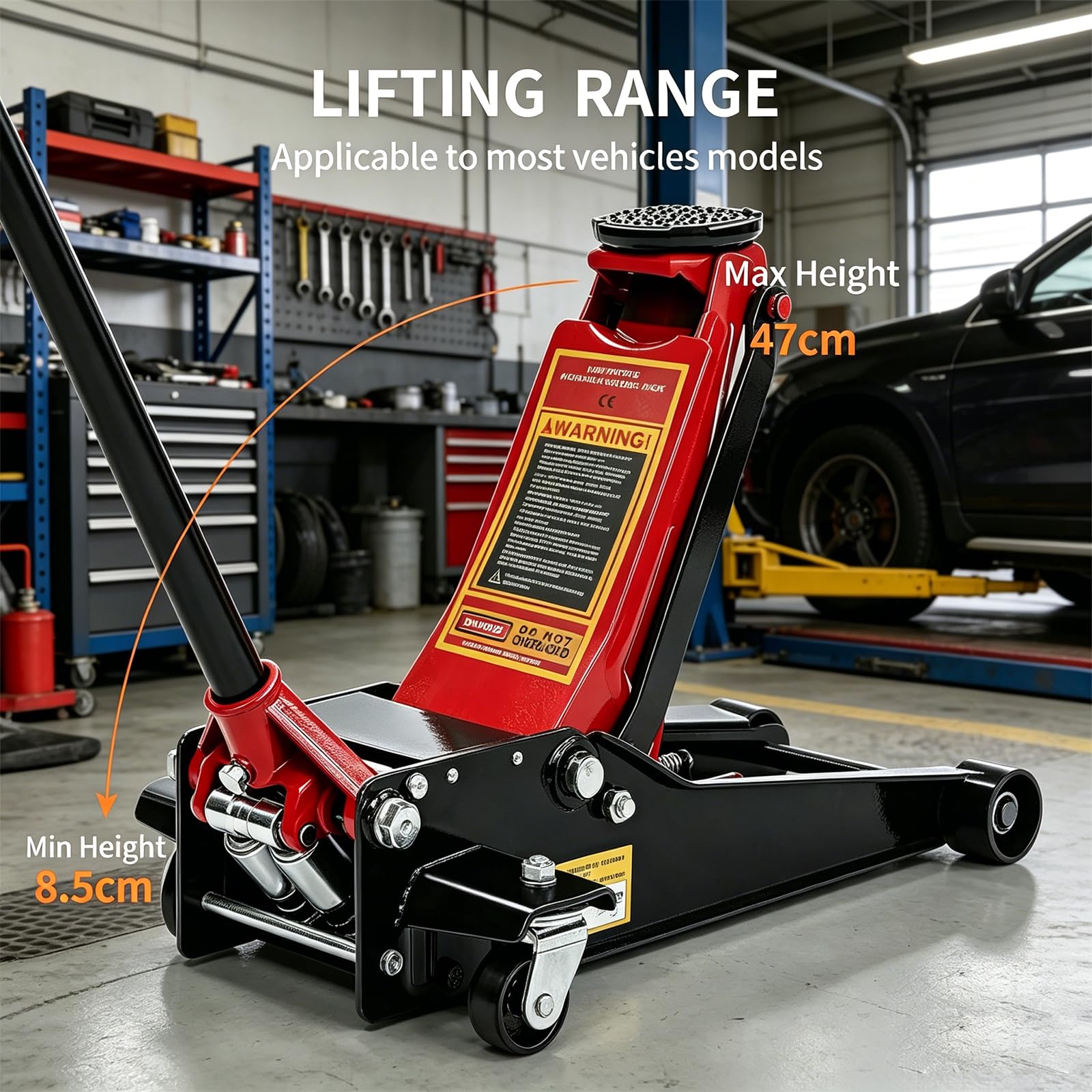 3 Tonne Trolley Jack Hydraulic Car Jack, Low Profile Floor for Car Van, Heavy-Duty Steel Hydraulic Lift with Dual Pump System, Handle Swivel Wheels, High Lift Garage (Red) - 2