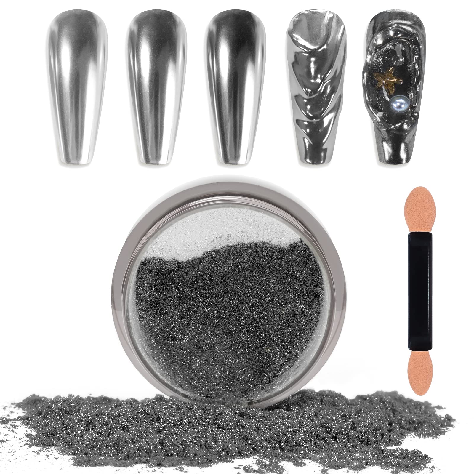 Laza Chrome Nail Powder Mirror Effect Metallic Dust Holographic Glitter Glazed Manicure Decoration Reflective Pigment for DIY Gel Polish Nail Art, Resin Craft, Gifts - Gun Metal