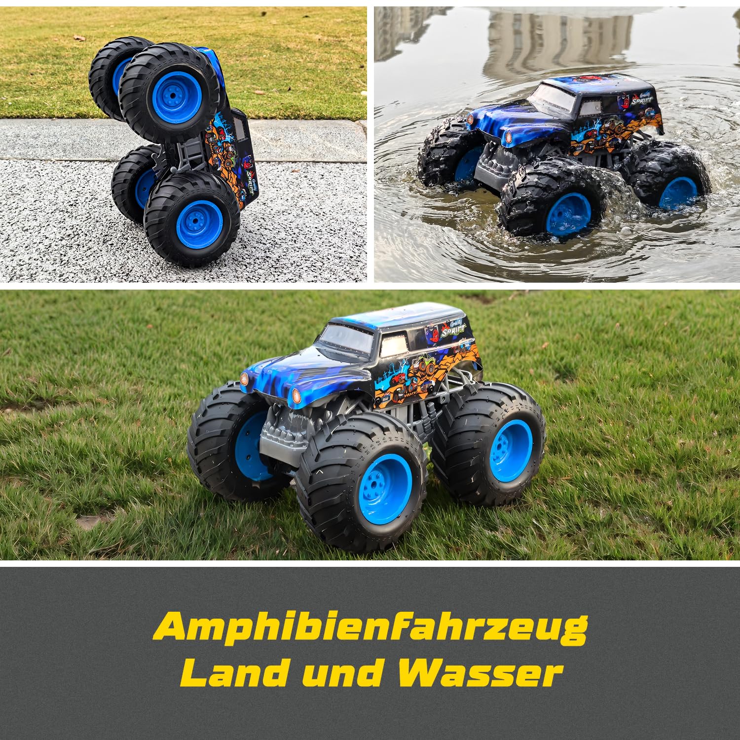 Monstertruck, Ferngesteuerter Monstertruck Ferngesteuert mit Licht, 360°Drehung Monster Truck, Aufrechtes Gehen, Gehen auf dem Kopf, 1:16 2,4GHz Amphibienfahrzeug Ferngesteuertes Auto ab 6 8 Jahre