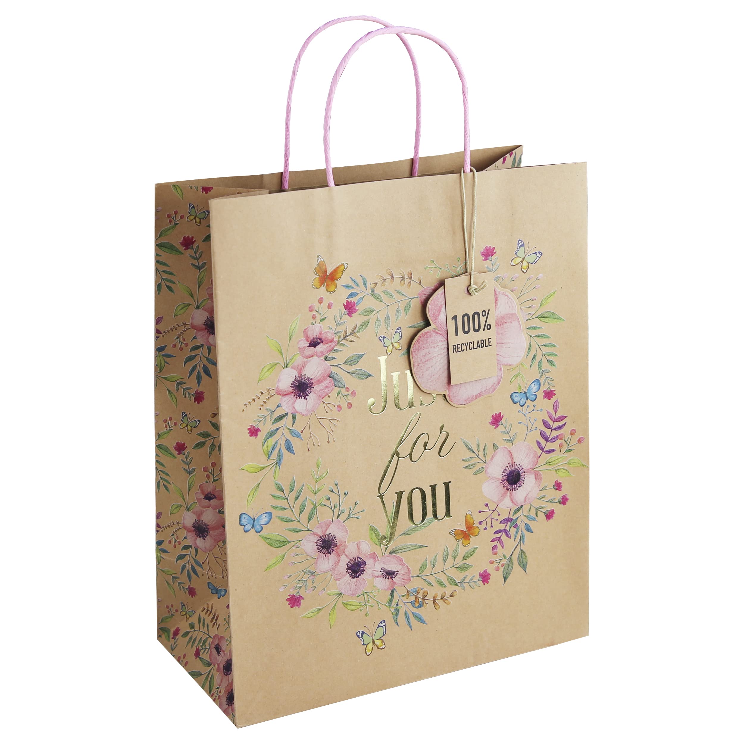 Eurowrap Brown Just For You Kraft Paper Gift Bag 100% Recyclable With Flower Gift Tag Large Size Spring Birthday Mothers Day Easter Valentines