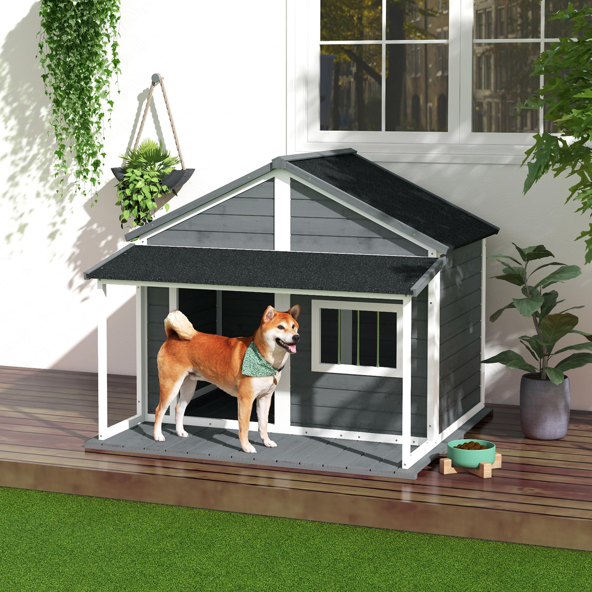 PawHut Cuccia per Cani da Esterno con Tetto in Bitume Impermeabile, Casetta per Cani in Legno Massello con Finestra e Terrazza, 124x112x105cm, Grigio