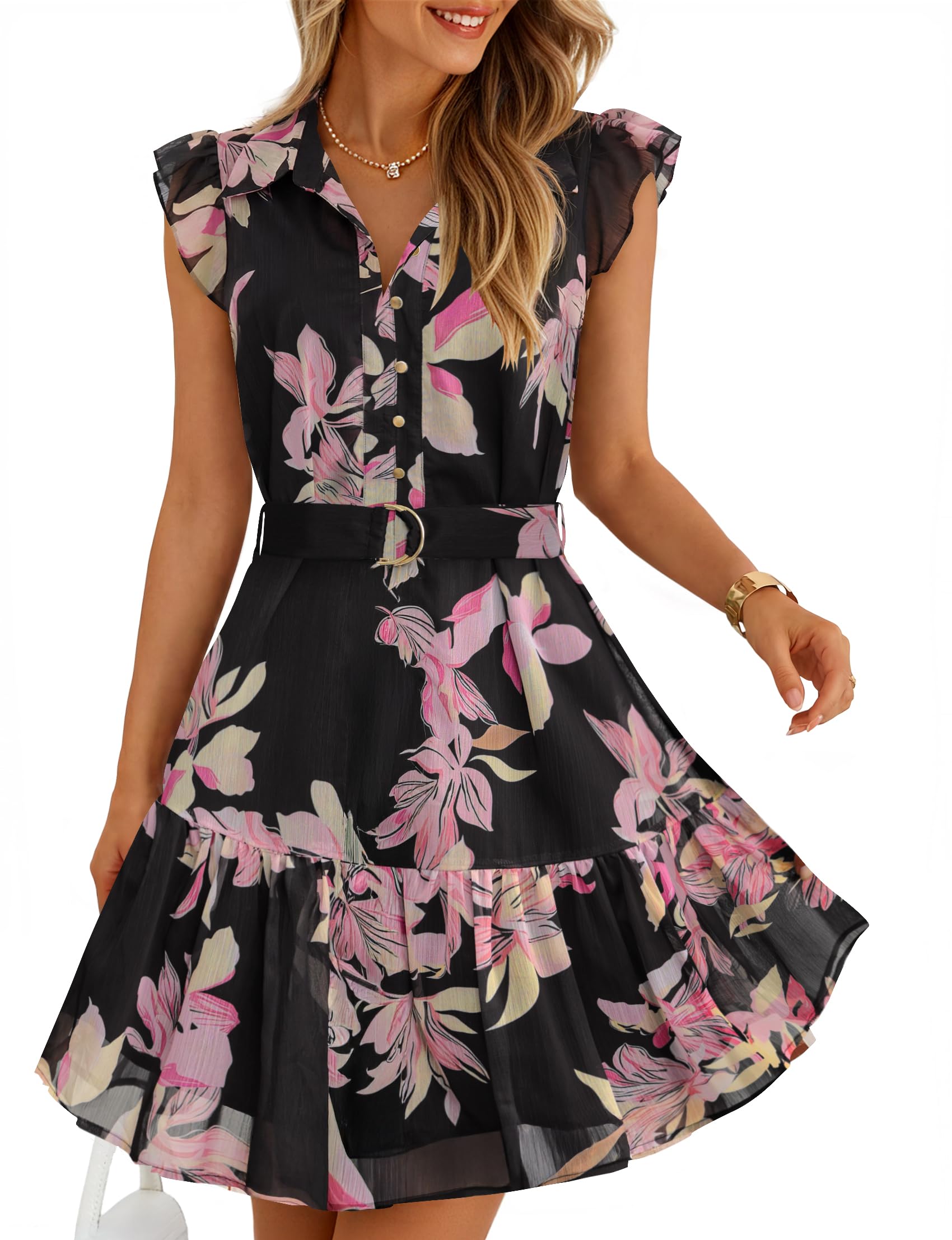 Womens Summer Boho Floral Mini Dress 2026 Flutter Short Sleeve Button Chiffon A Line Beach Vacation Party Dresses