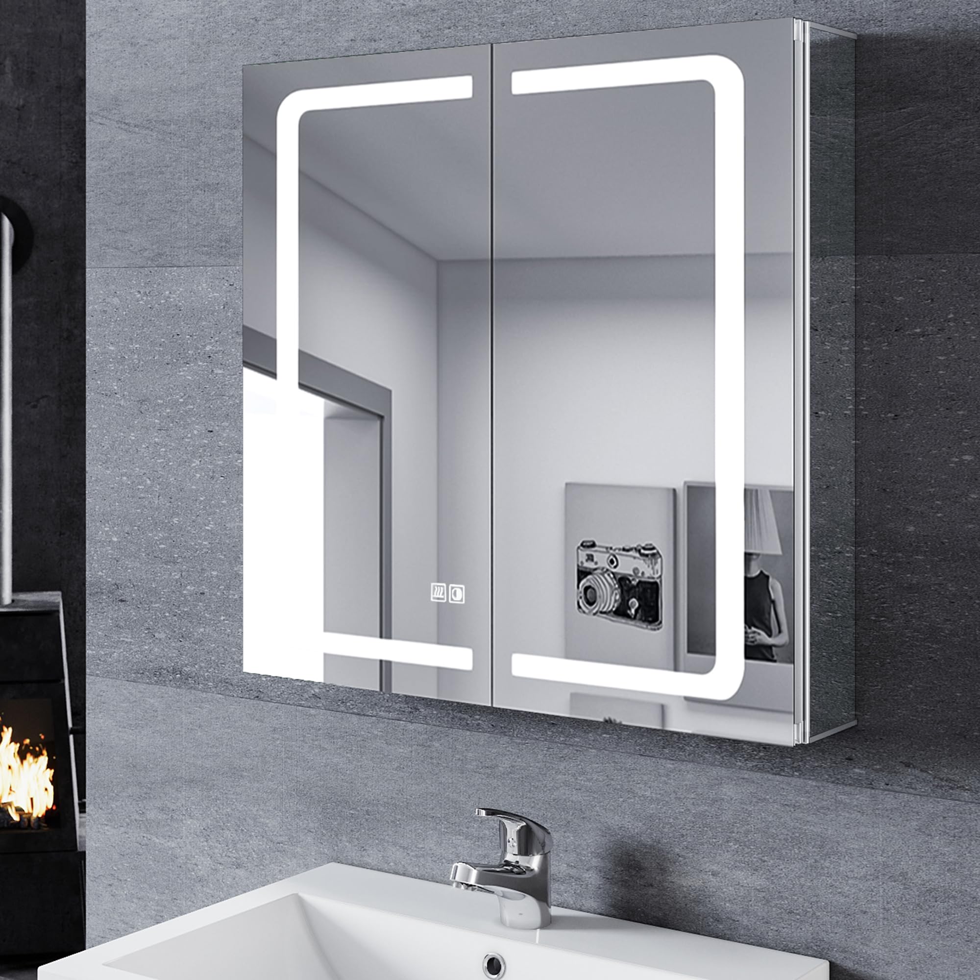 SONNI Szafka łazienkowa z lustrem LED, 65 x 65 cm, 2-drzwiowa szafka z lustrem ze stali nierdzewnej z włącznikiem dotykowym, 3 aluminiowe kolory światła, bezprzewodowy zawias, łazienka, szafka