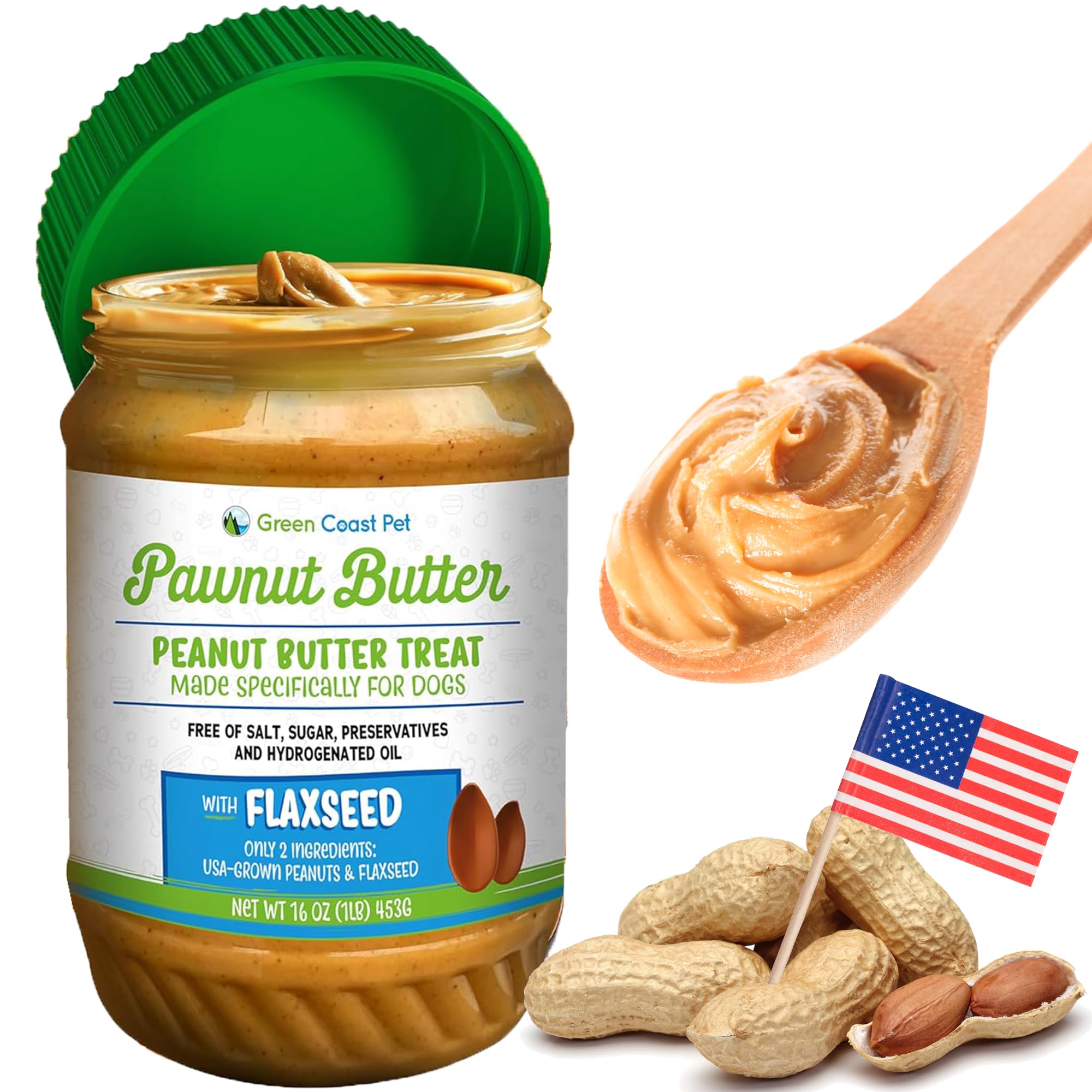 Natural Peanut Butter for Dogs Safe - 100% Healthy Dog Treats - No Sugar, Xylitol Free, Digestive Support - Puppy Dog Peanut Butter with Flaxseed 16 oz - Made in USA Premium Quality