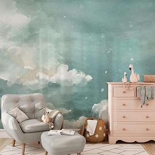 Cloudy Sky Wallpaper | Removable Self Adhesive Pastel Blue Nursery Wallpaper | Vintage Clouds Peel and Stick Wallpaper (Sample 12" W x 8" H)