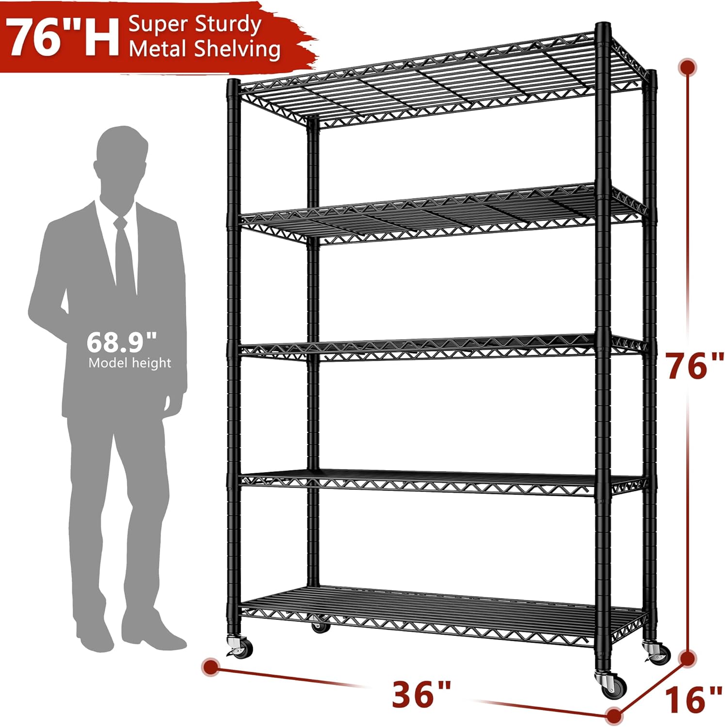 REIBII Storage Shelves Load 1980LBS,5 Tier Metal Shelving Unit with Wheels,Adjustable Garage Shelving Wire Shelves Commercial Shelf for Garage Pantry Kitchen,76''HX36''WX16''D Black - Image 3