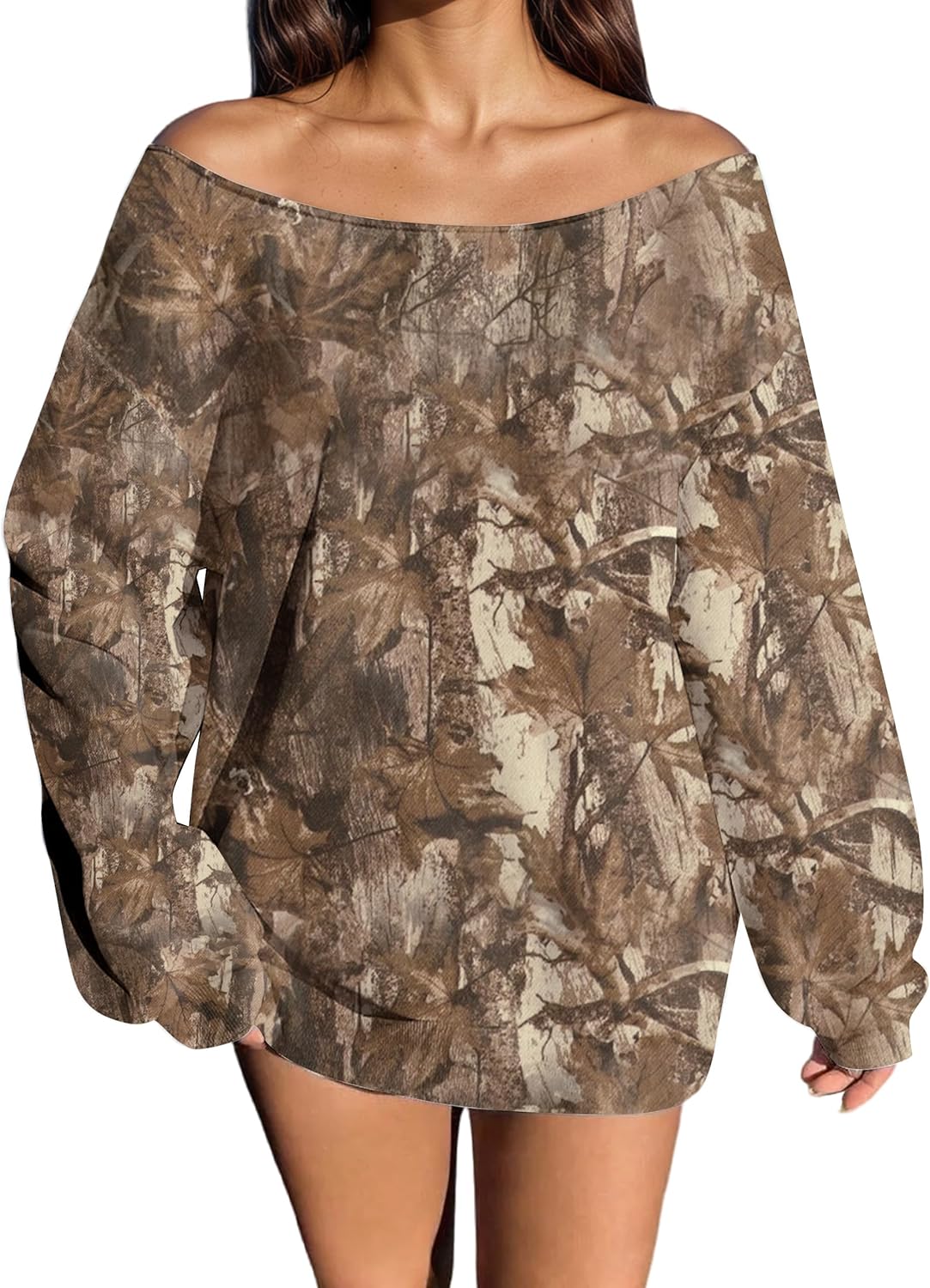 MISSACTIVER Camo Sweatshirt for Women Oversized Fleece Off Shoulder Long Sleeve Maple Leaf Print Pullover Sweater Tops
