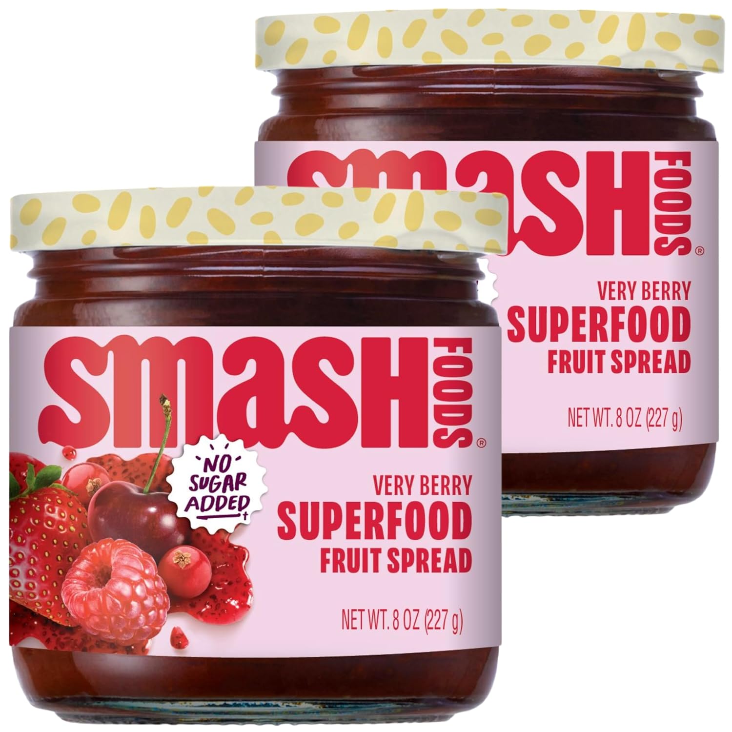 Smash Foods Very Berry Superfood Fruit Spread, No Sugar Added, Keto Jam with Chia Seeds, Vegan Paleo Spread, 8 Ounces, 2 Jars