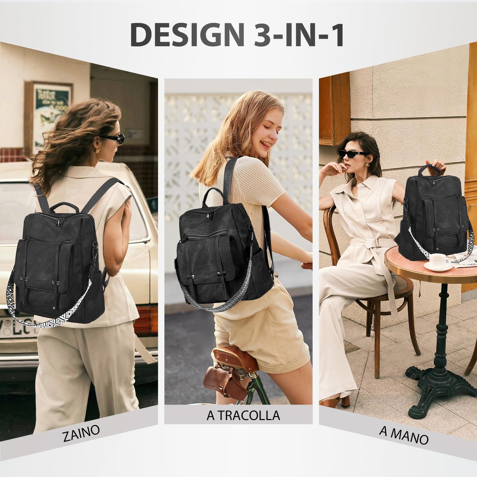 Leathario Zaino Donna in Pelle Vegana Impermeabile Antifurto,Borsa Elegante 3-in-1,Zaino da Lavoro, Viaggio e Uso Quotidiano