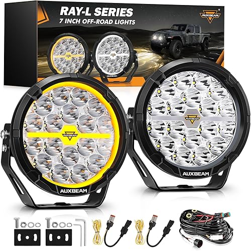 Auxbeam RAY-L Series 7 Inch Round LED Offroad Driving Light Bar with White/Amber DRL 240W Spot Beam Spotlights Offroad Lighting for 4x4 Jeep UTV ATV, Pair