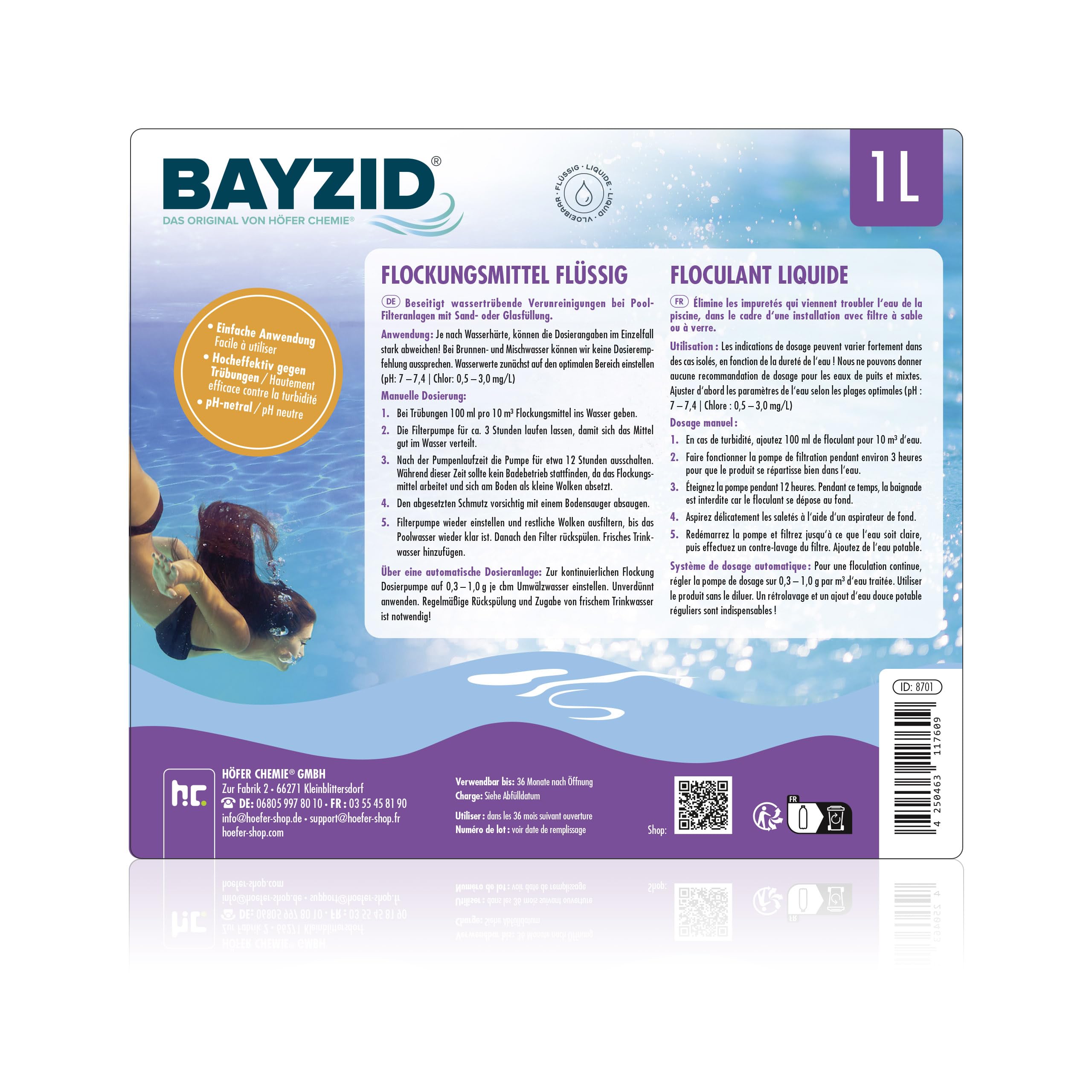 Höfer Chemie BAYZID® 1 Litre Floculant Liquide pour Piscine - Clarifiant Ultra - Efficace pour Eau Limpide, Compatible Filtres à Sable, Fabriqué en Allemagne