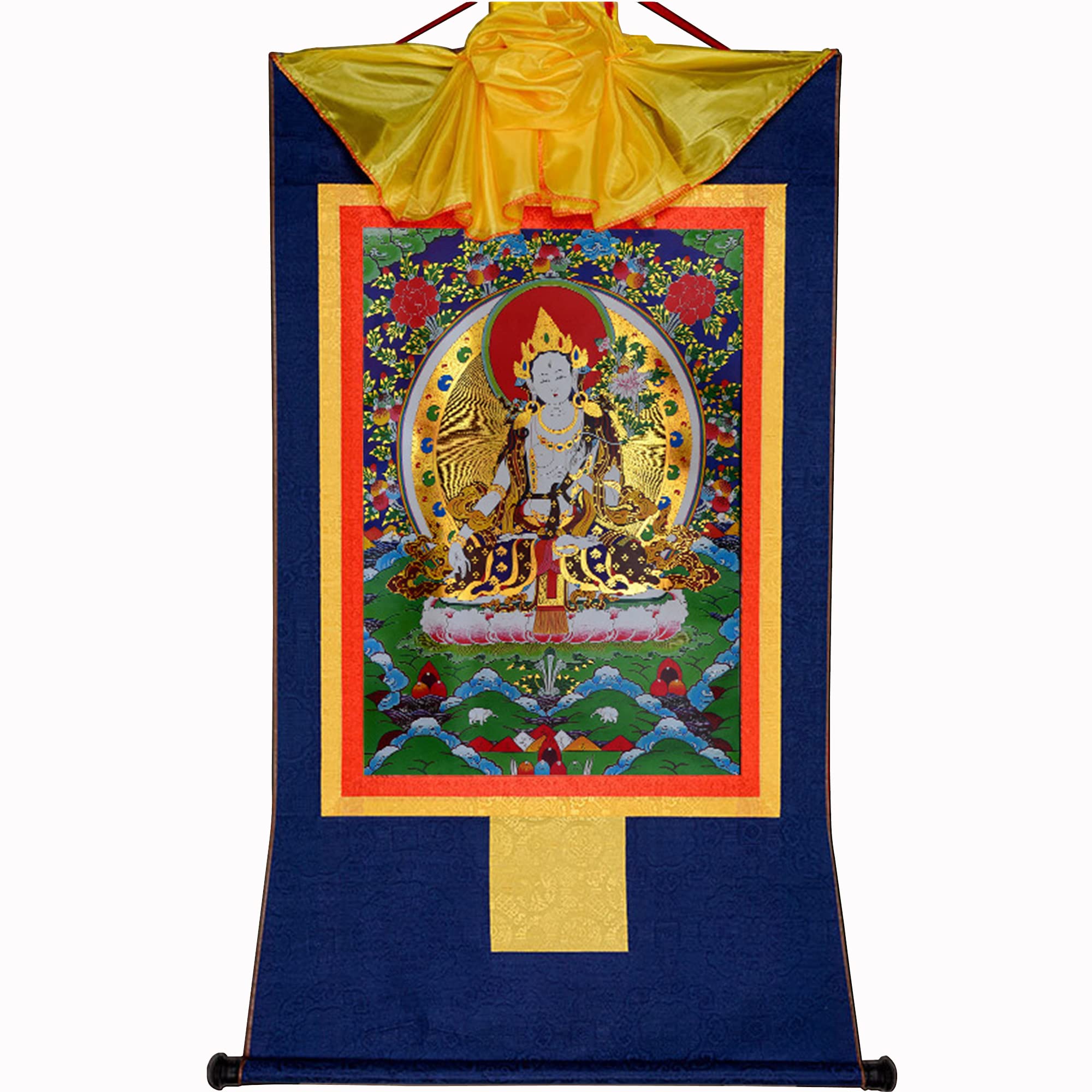 Gandhanra Tibetan Buddhist Thangka Wall Hanging,White Tara Thangka,Sitatara,Hot Stamped Brocade Buddhist Tapestry for Zen Home Decor, Meditation, Spiritual Relaxation