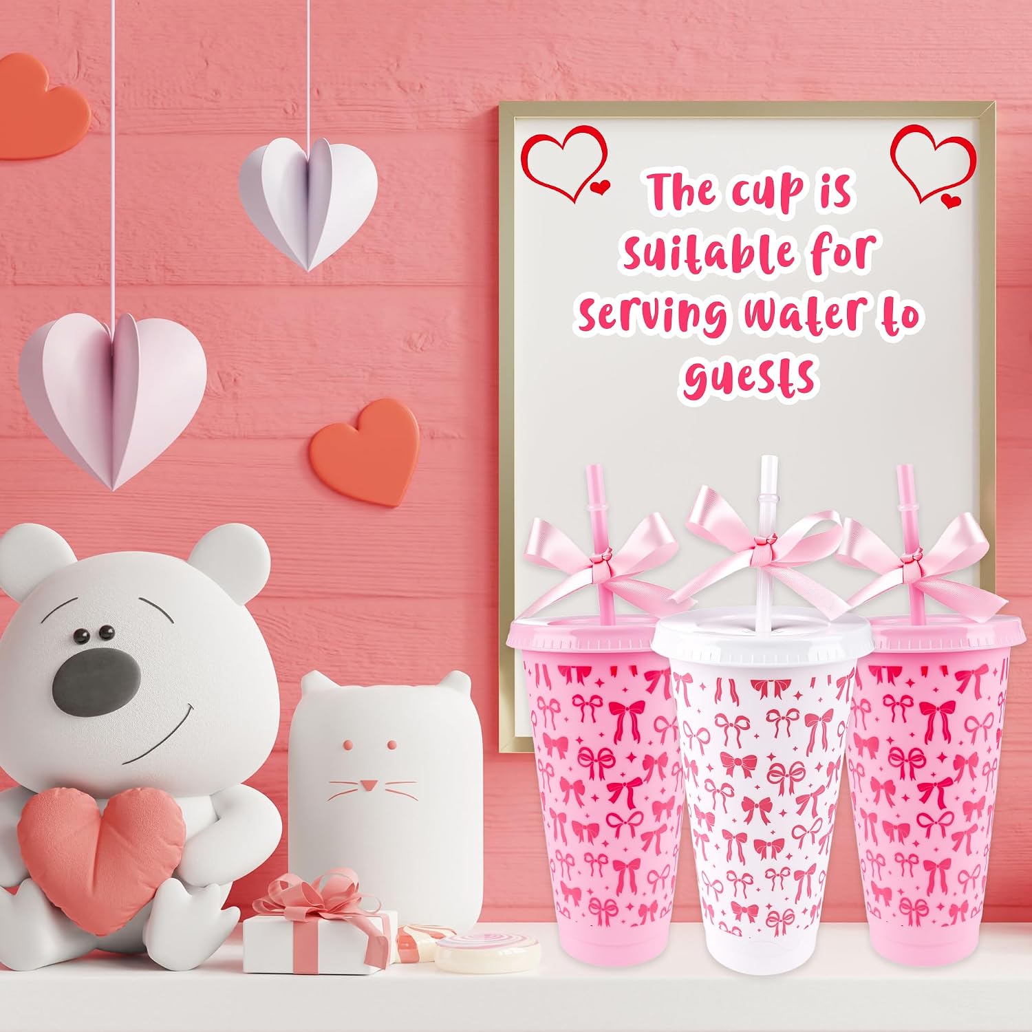 30 Pcs Plastic Bow Cups Bulk with Lids and Straws 24 oz Pink and White Aesthetic Drinking Cups with Pink Ribbon for Summer Women Coffee Wedding Birthday Bridal Shower Party Supply, 2 Colors image 3
