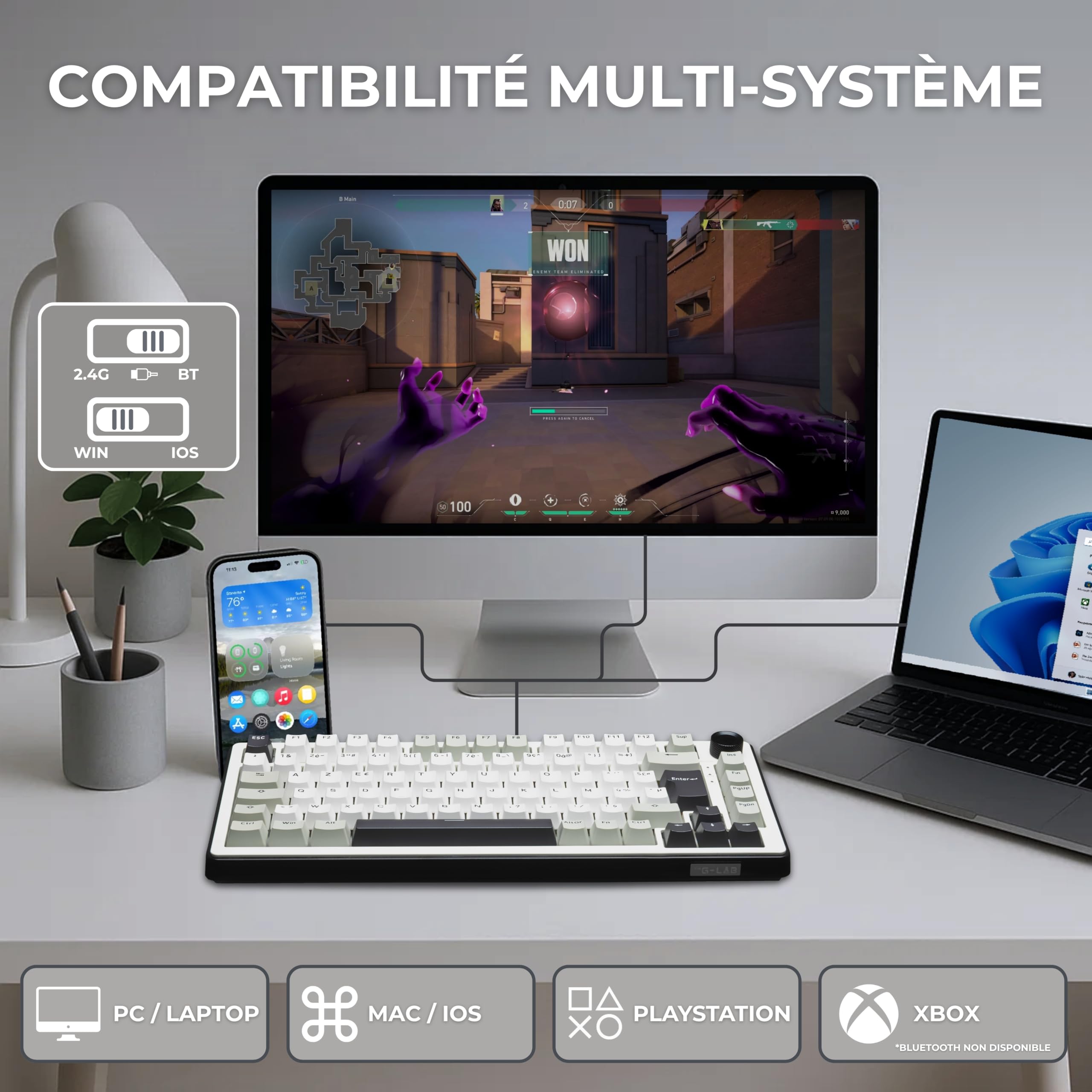 The G-Lab - KEYZ ELITE 300 WG - Bezprzewodowa Klawiatura Gamingowa - Układ AZERTY FR - Mechaniczna Klawiatura z Hot-Swappable Switches, 5-Layer Gasket, Tri-Mode 2.4G/BT/Kabel, RGB i Makra, Win/Mac
