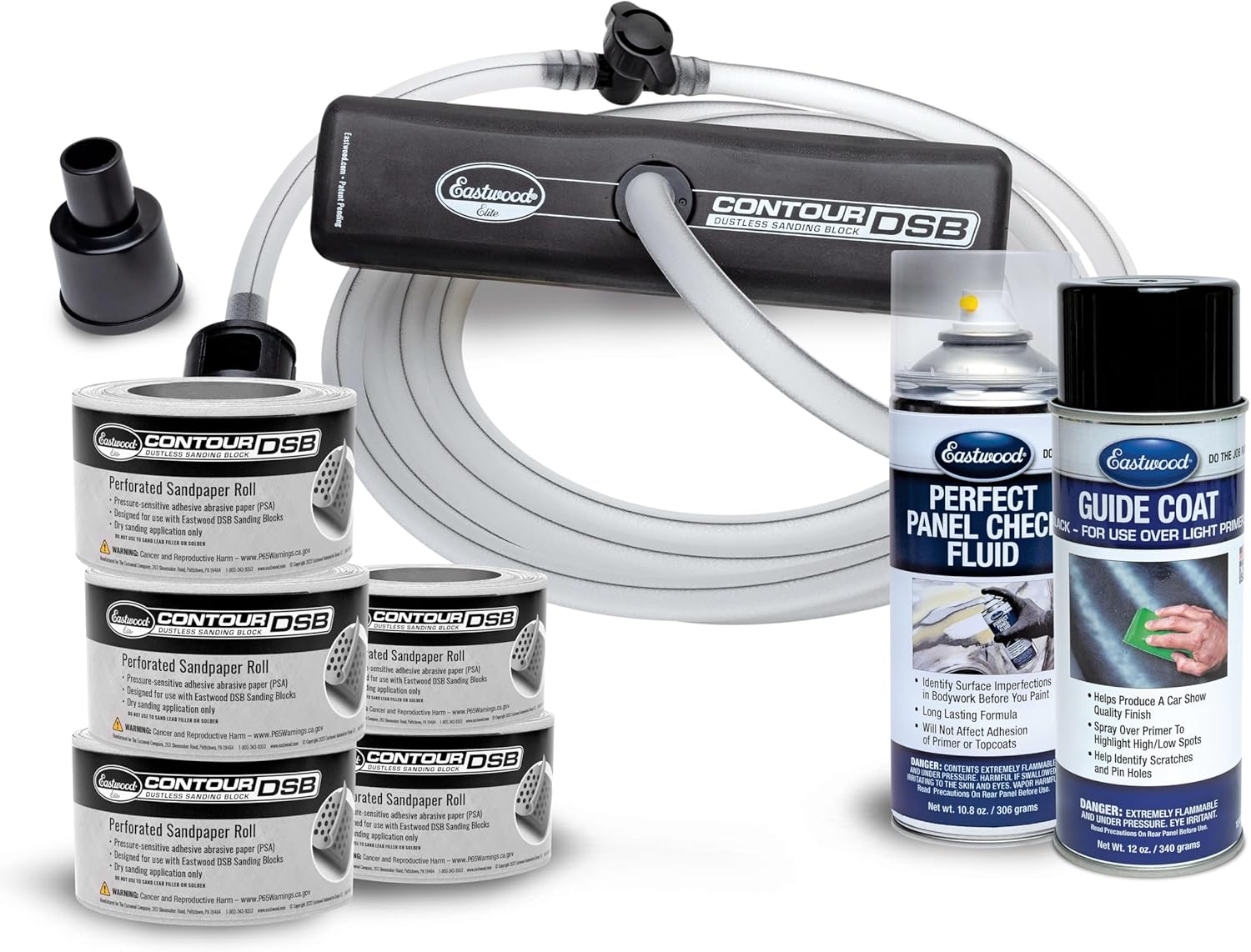 Eastwood Elite Contour DSB Dustless Auto Body Sanding Block Master Kit | Automotive Sanding Blocks and Contour Hand Sander for Drywall & Autobody Paint Works | Sander, 5 Grits of Sandpaper, Guide Coat