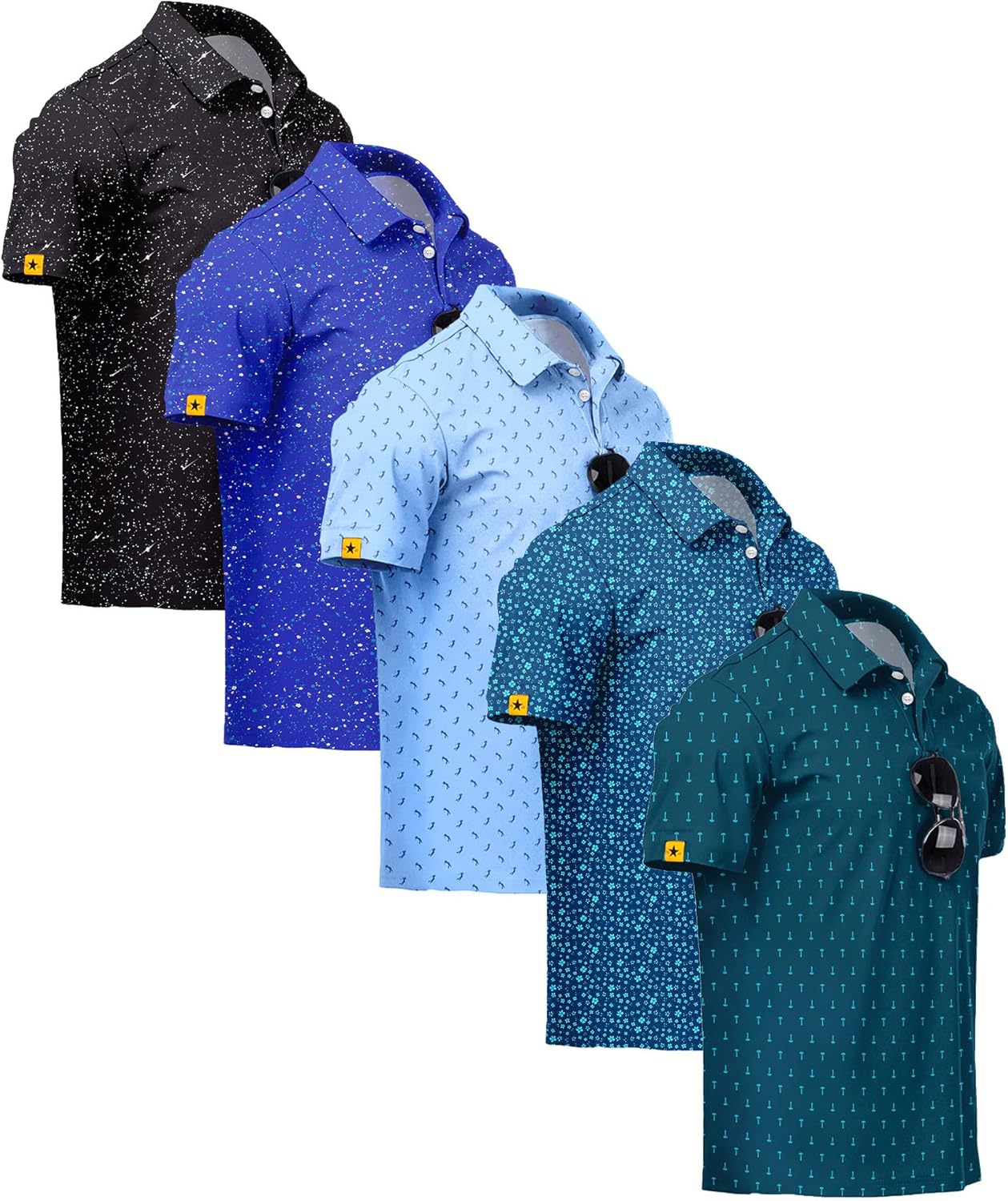 ZITY 5 Pack Mens Golf Shirt Short Sleeve UPF 50+ Moisture Wicking Performance Print Patterns Casual Golf Polo Shirts for Men