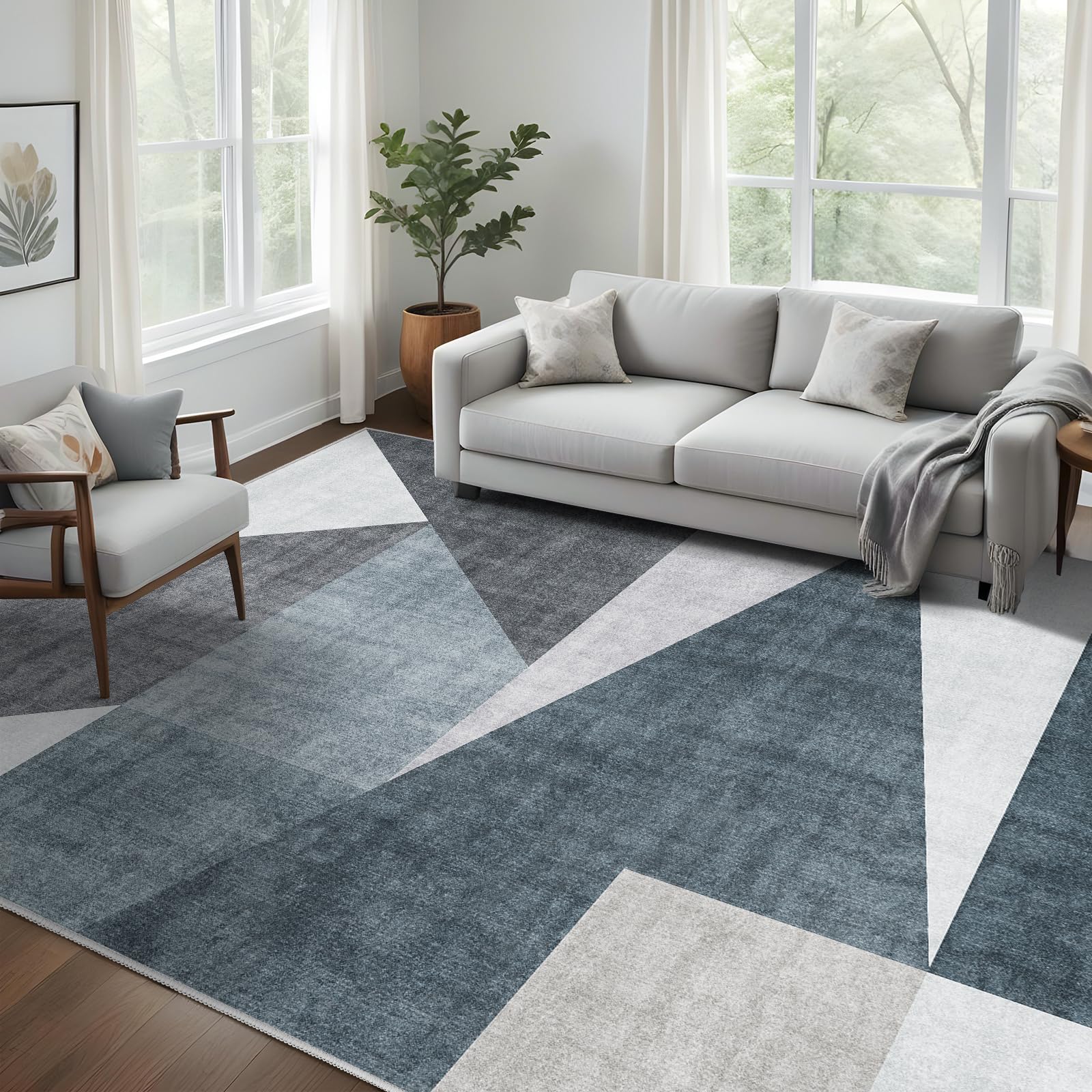 (Similar to ) Washable Modern Area Rug: Large 8x10 Geometric Area Rugs for Living Room & Bedroom with Non-Slip Backing Modern Geometric Carpet for Living Room Blue Grey 8'x10'.