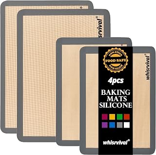 whisrvival 4-Pack Non-Stick Silicone Baking Mats, Grey - 2 Half Sheet & 2 Quarter Sheet, 480°F Heat Resistant for Cookies, Macarons, Veggies