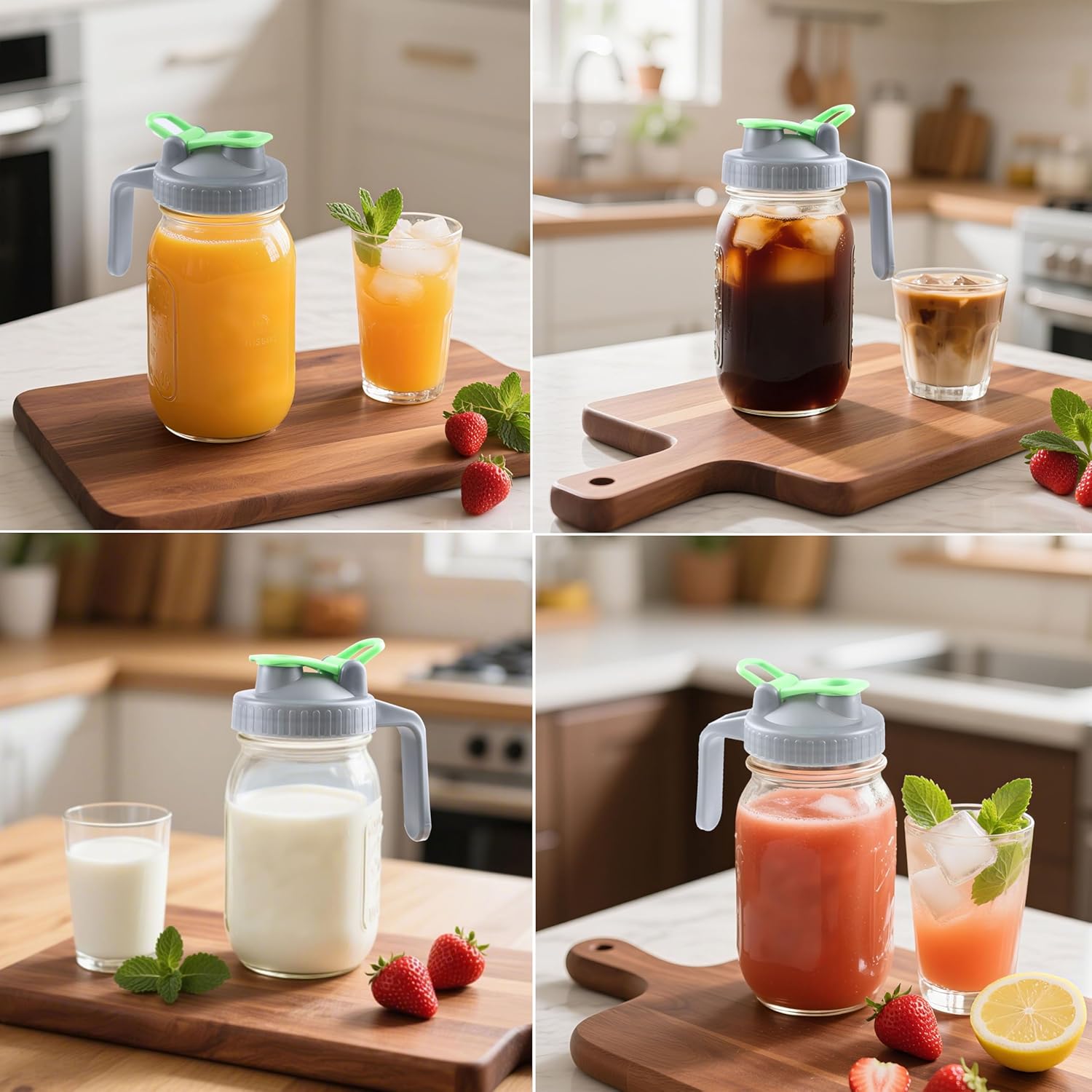 Mason Jar Pitcher With Pour Lid 32 Oz Glass Breast milk Storage Jug 1 Quart Wide Mouth Glass Tea Pitcher With Handle Creamer Container For Fridge Juice, Cold Brew Coffee,Lemonade,Beverage 2 Set - Image 7
