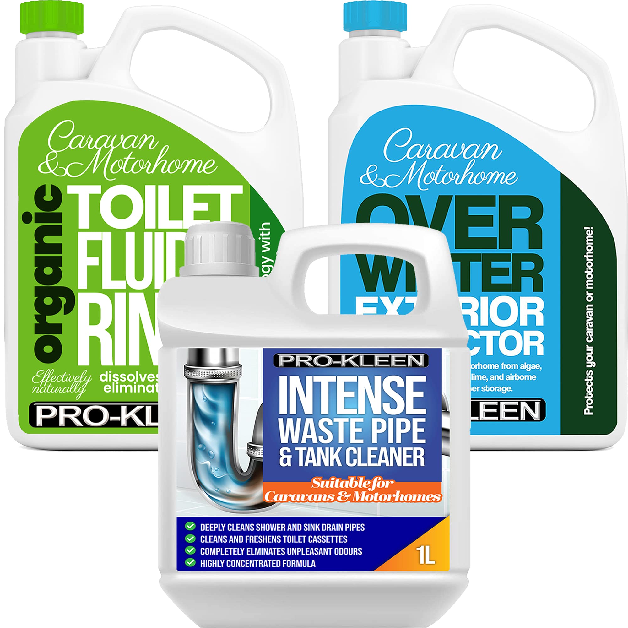 Pro-KleenOver Winter Wash 2L with 2L Organic Green Toilet Cleaner Fluid & Intense Waste Pipe and Tank Cleaner 1L - For all Caravans and Motorhomes - Caravan Cleaner Kit
