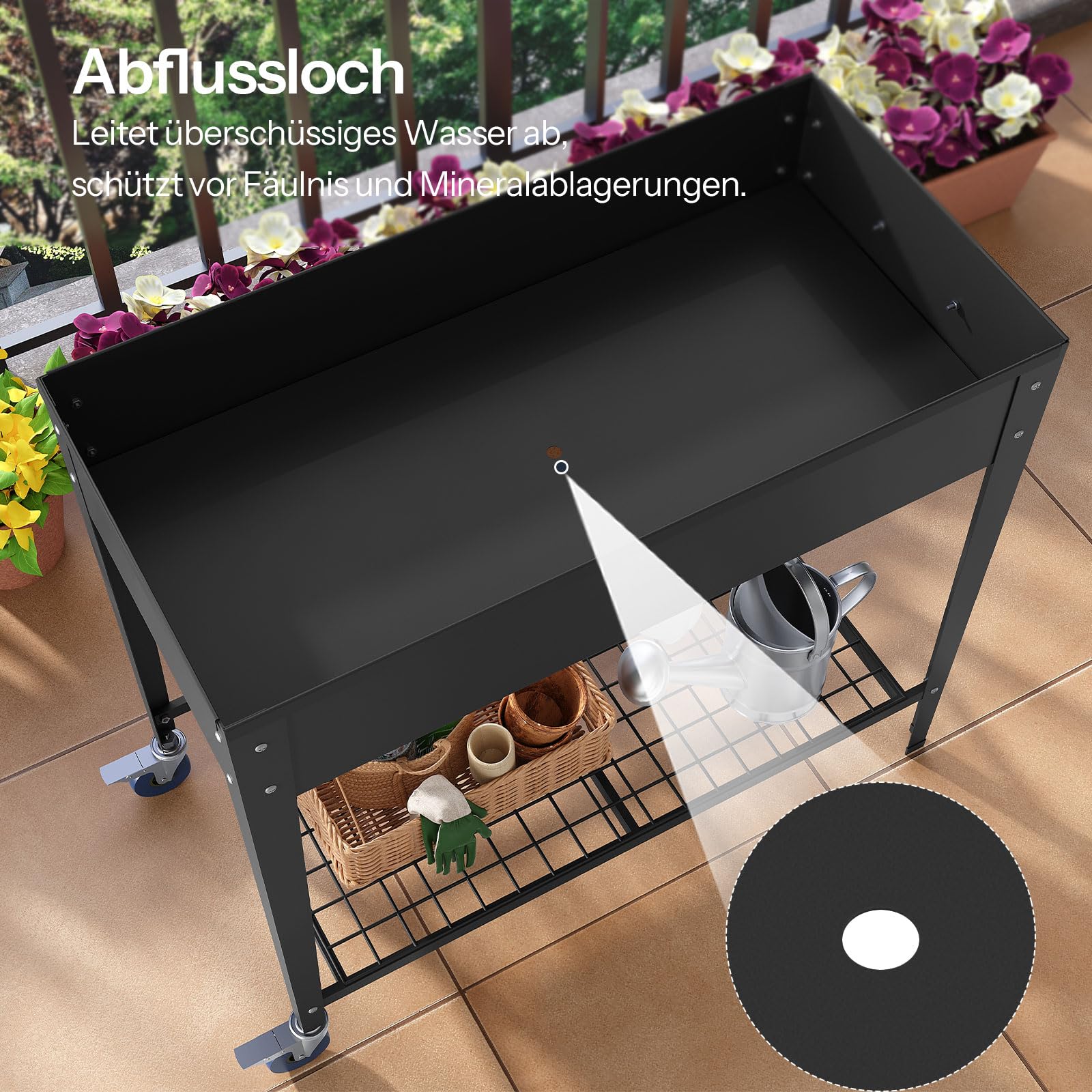 LARMNEE Hochbeet mit Rädern und Ablage, Metall Pflanzenbeet, Pflanzbeet, Gartenbeet, Pflanzkasten, Blumenkasten, Kräuterbeet, Gemüsebeet, 83,5 x 40 x 76 cm, für Terassen, Garten, Schwarz EBK02MP02