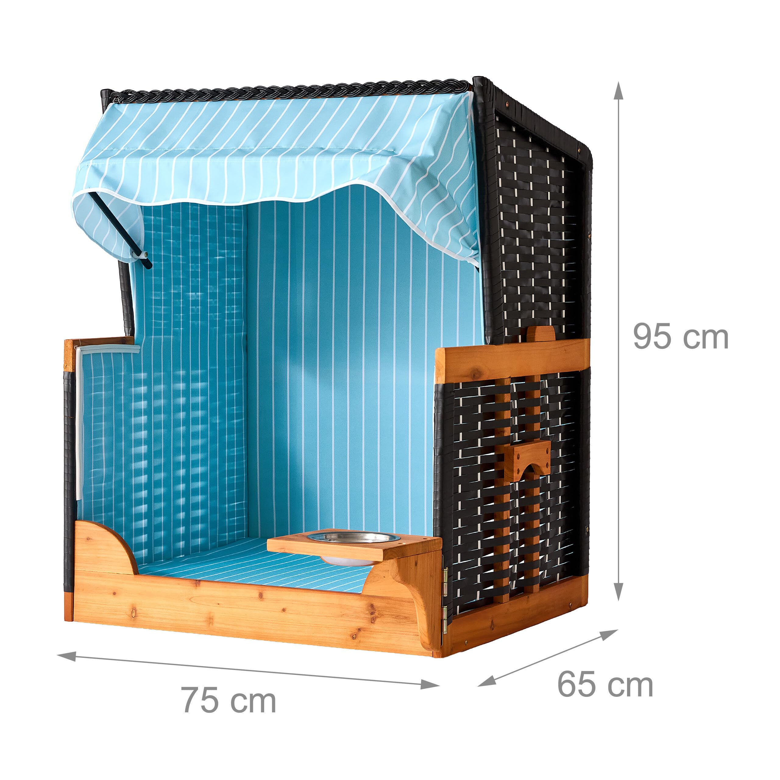 Relaxdays Hundestrandkorb, Rattan, mit Napf, Hundesessel mit Dach, HBT: 95x75x65 cm, Garten & Terrasse, Holz, hellblau