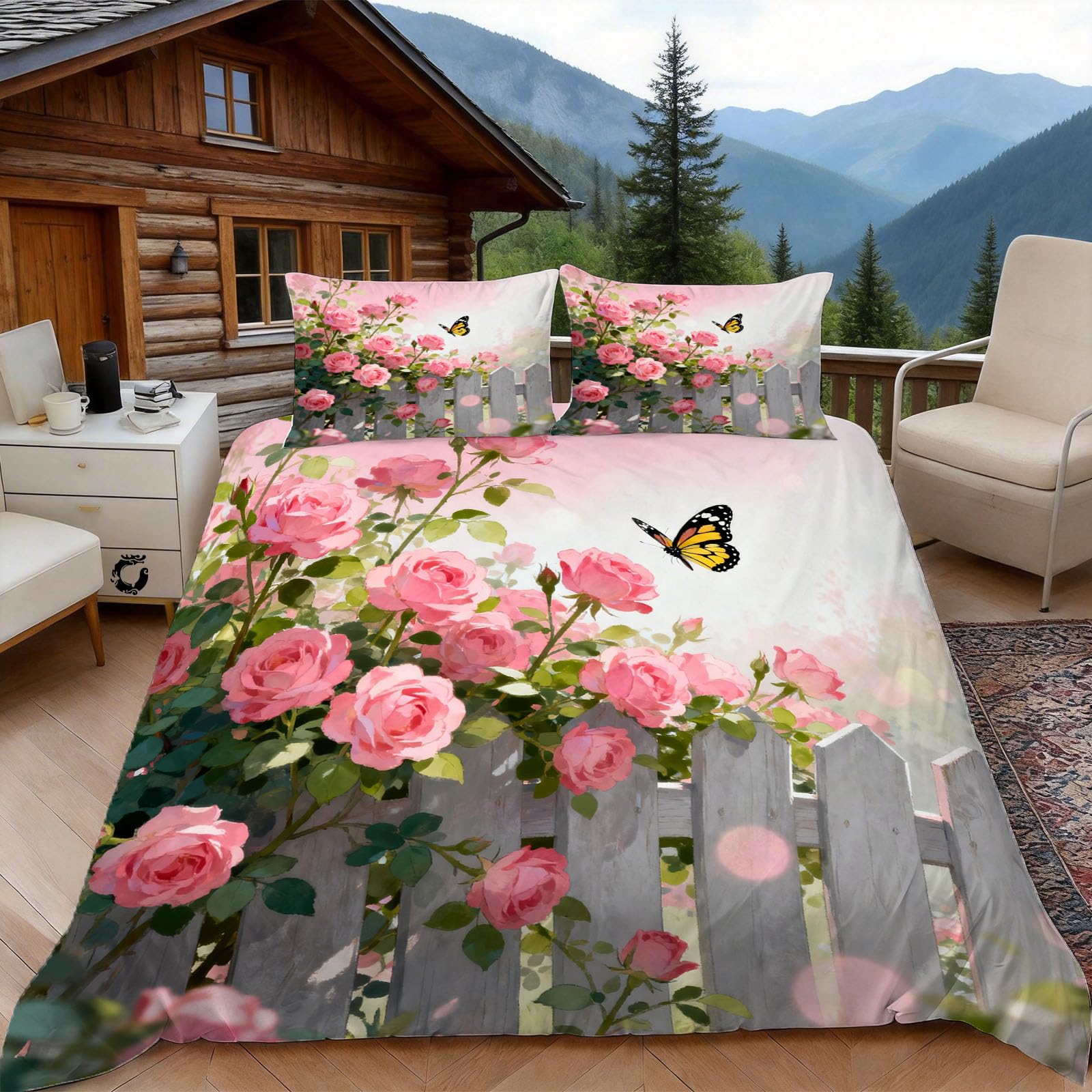 Housse de couette 240x260 rose de jardin dessin animé microfibre parure 2 personnes 2 taies 65x65