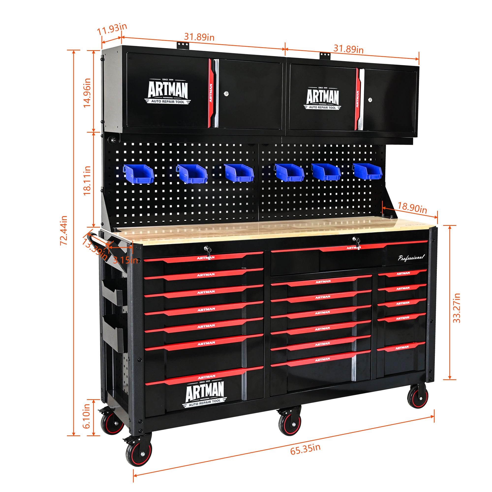 19 Drawers Rolling Tool Chest Large Mobile Workbench Heavy Duty Wood Top Tool Cart on Wheels Mechanic Storage Cabinet for Garage, Workshop, Warehouse, Laboratory, with Wall Mounted 2-Door Cabinet