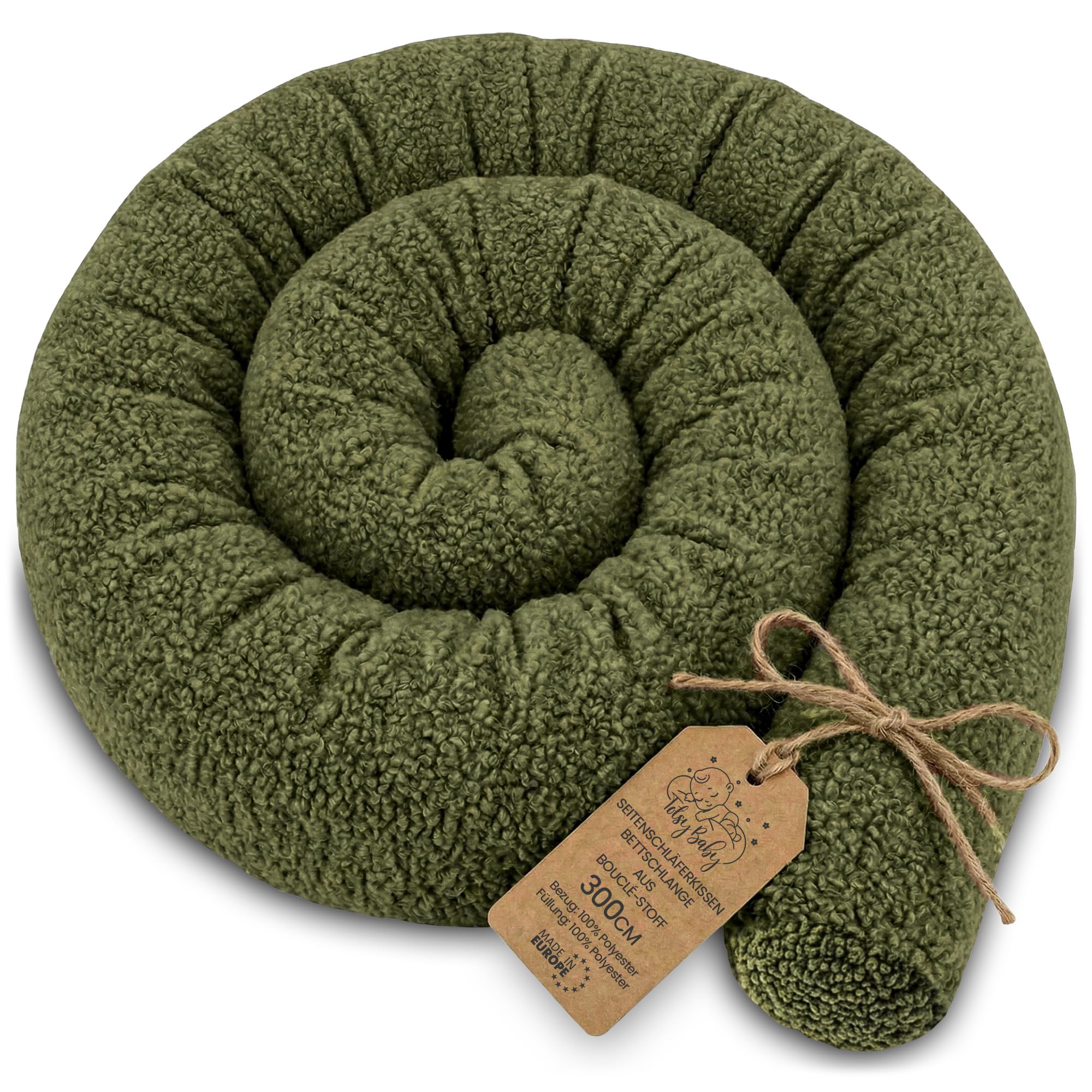 Totsy Baby Seitenschläferkissen Bettschlange Body Pillow 300 cm Bouclé - Kopfkissen lang Bettrolle Schlafkissen Nackenrolle Zertifikat Oeko-Tex Olivgrün